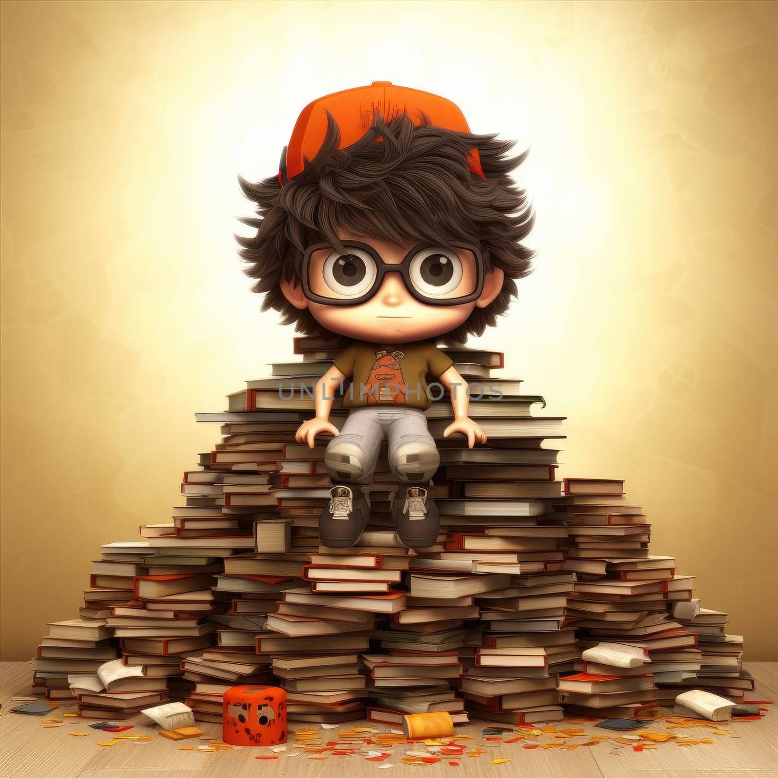 Boy sitting on top of a pile of books, 3d illustration - AI Generated
