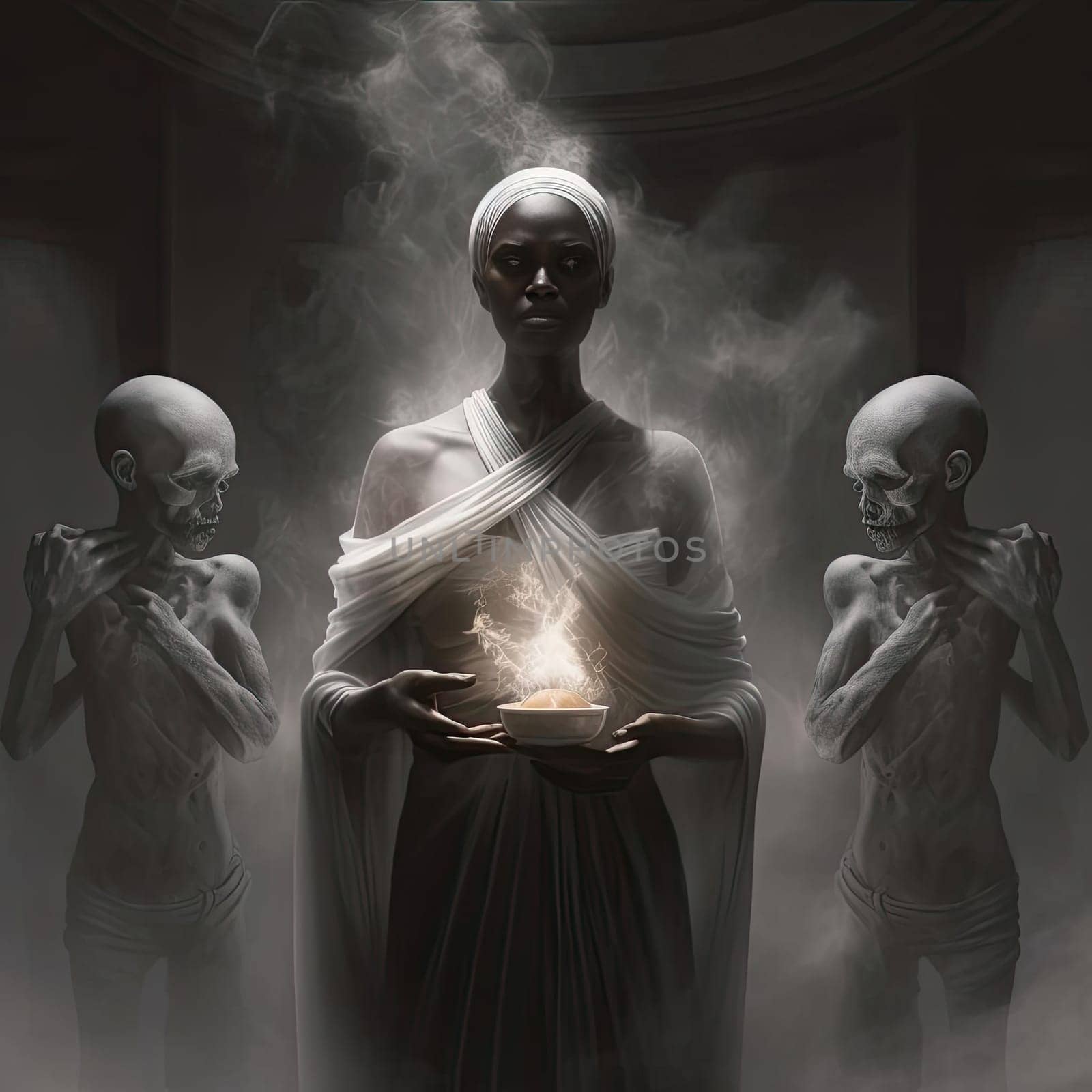 Mystical scene with the image of a woman between two skull face men - AI Generated