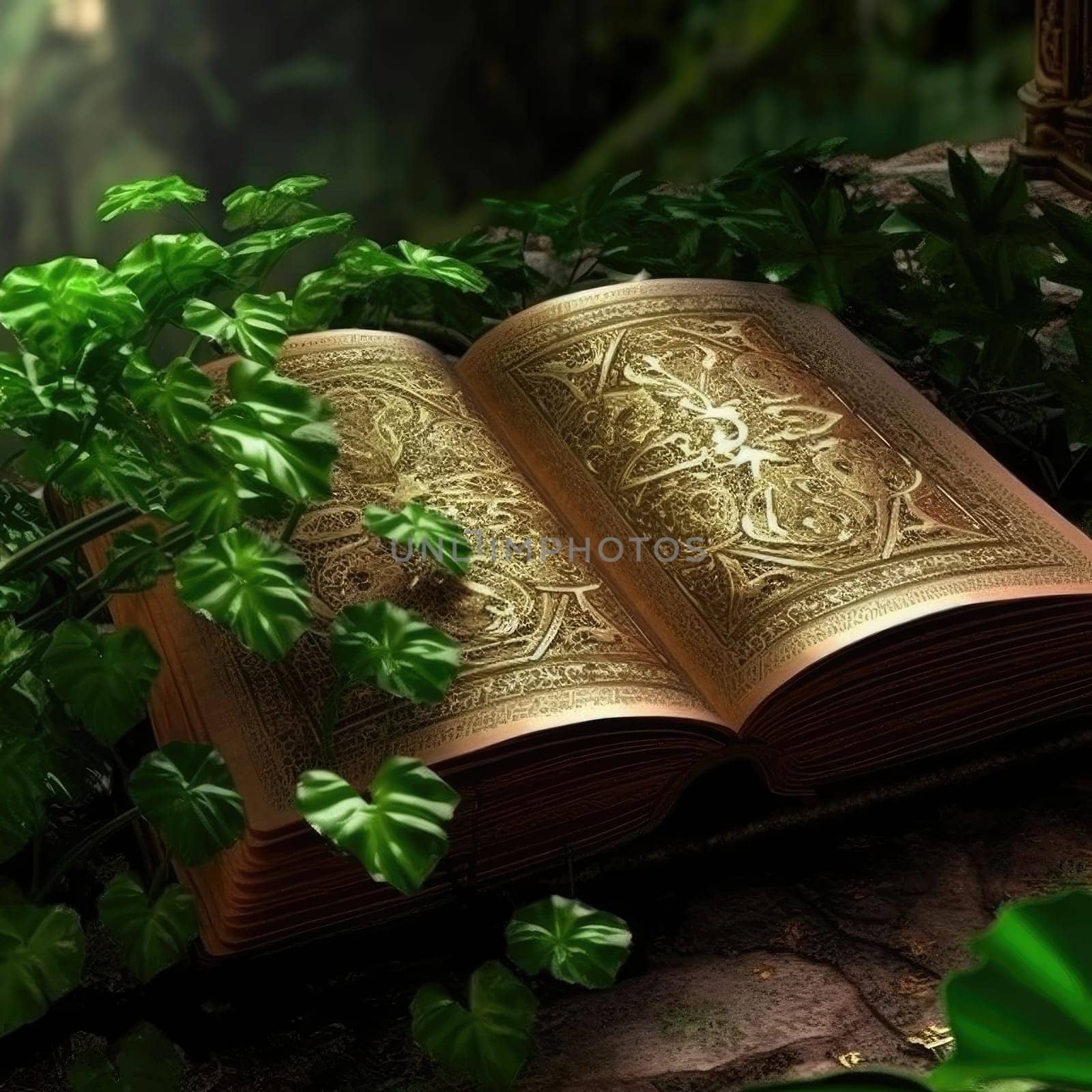 A golden book in the forest - AI Generated