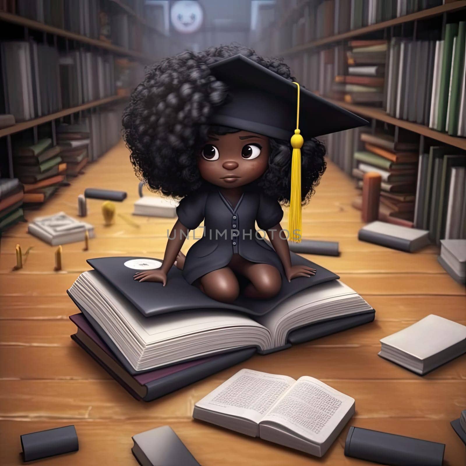 Cute African American girl sitting on a stack of books in a library - AI Generated