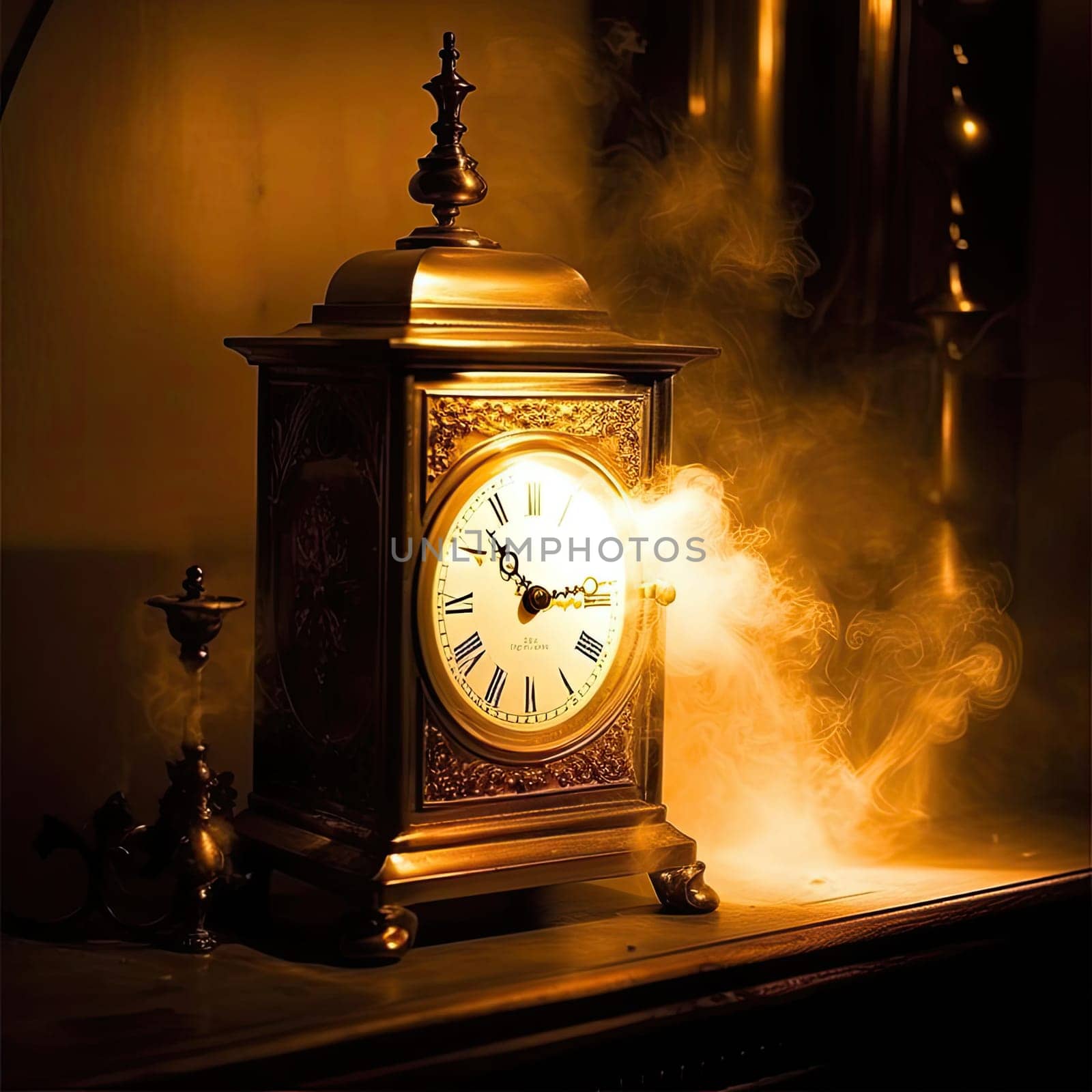 Old vintage clock on the table in a dark room with smoke - AI Generated