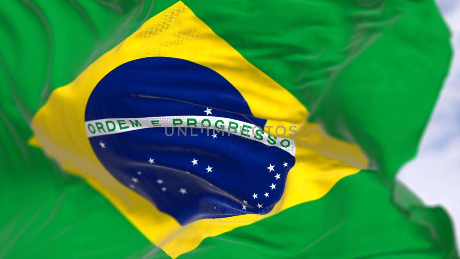 Brazil national flag waving. Yellow diamond on green field with blue circle of 27 white, five-pointed stars. South American country. 3d illustration render. Fluttering fabric. Selective focus
