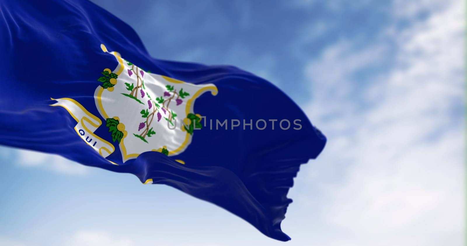 Close-up view of the Connecticut state flag fluttering. White shield on blue background featuring three grapevines each bearing bunches of grapes. 3d illustration render. Selective focus