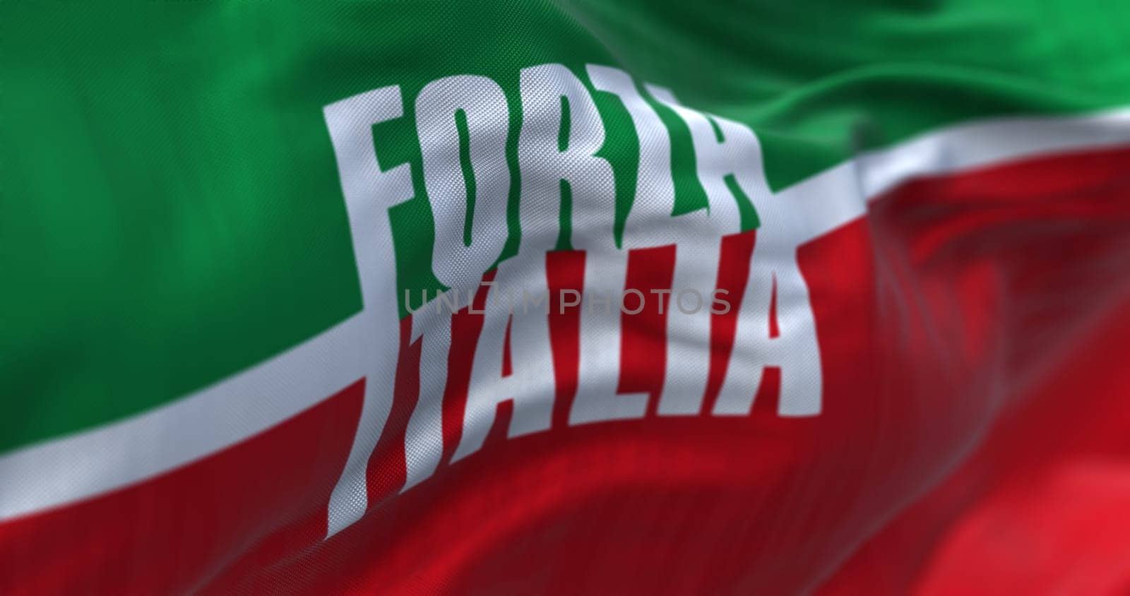 Roma, It, May 2023: Close-up of the Forza Italia flag waving in the wind. Forza Italia is the Italian political party founded by Silvio Berlusconi. Illustrative editorial 3d illustration render.