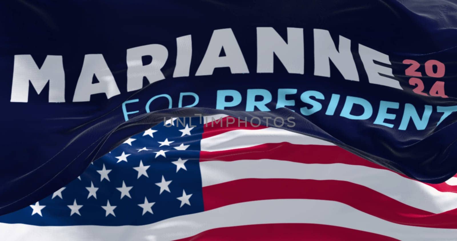 Houston, US, march 2023: Flags of Marianne Williamson election campaign and the national flag of the United States waving. 2024 US presidential elections. Illustrative editorial 3d illustration render