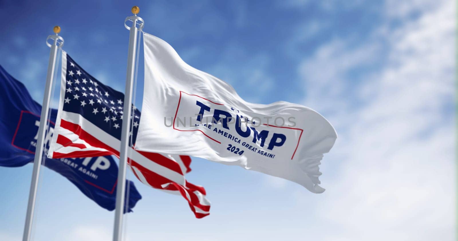 Arlington, US, march 2023: Flags of Donald Trump election campaign and the national flag of the United States waving. 2024 US presidential elections. Illustrative editorial 3d illustration render