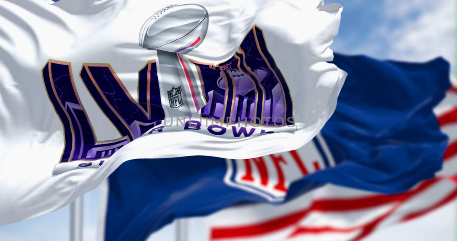 Paradise, US, June 2023: 58th Super Bowl, NFL and the United States flags waving. The game is scheduled to be played on Feb 11, 2024 in Paradise, Nevada. Illustrative editorial 3d illustration render