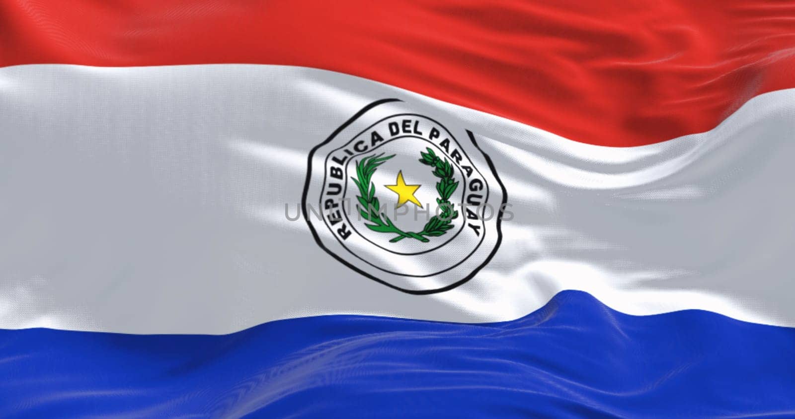 Close up of Paraguay flag waving. Three equal horizontal bands of red, white and blue with an emblem centered in the white band. 3d illustration render. Selective focus. Fluttering fabric. Patriotism