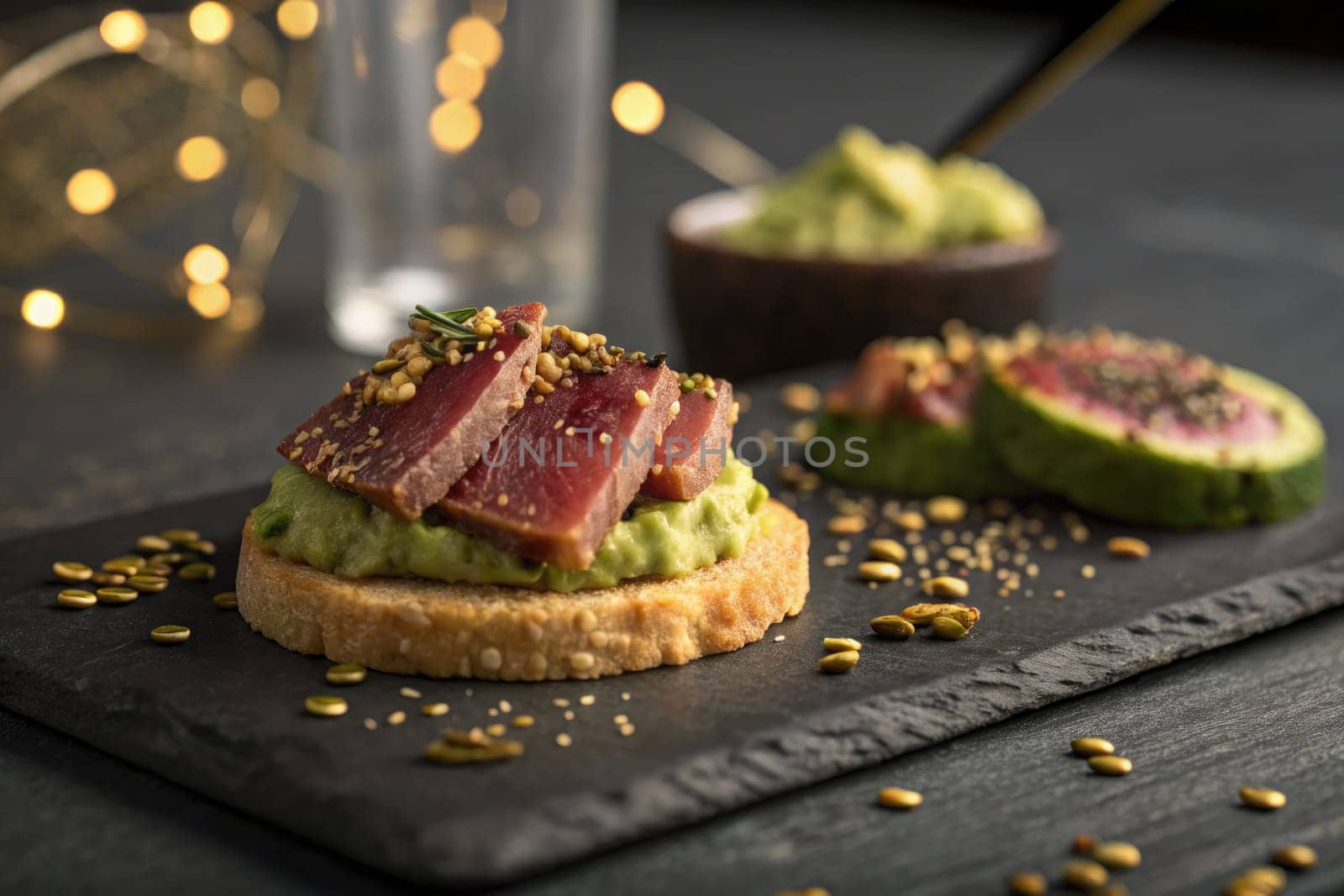 Savor a beautifully plated appetizer showcasing tender seared tuna atop toasted bread with a creamy avocado spread, garnished with seeds. Perfectly paired for an elegant dining experience.