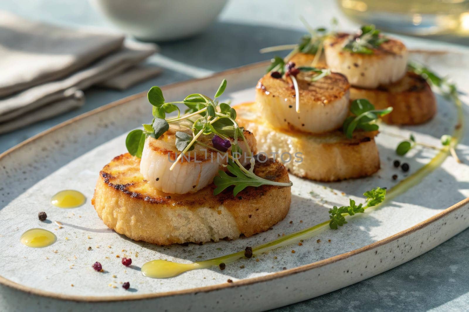 Three perfectly seared scallops rest atop slices of toasted bread, artfully arranged with fresh greens and a drizzle of oil, creating an inviting culinary presentation.