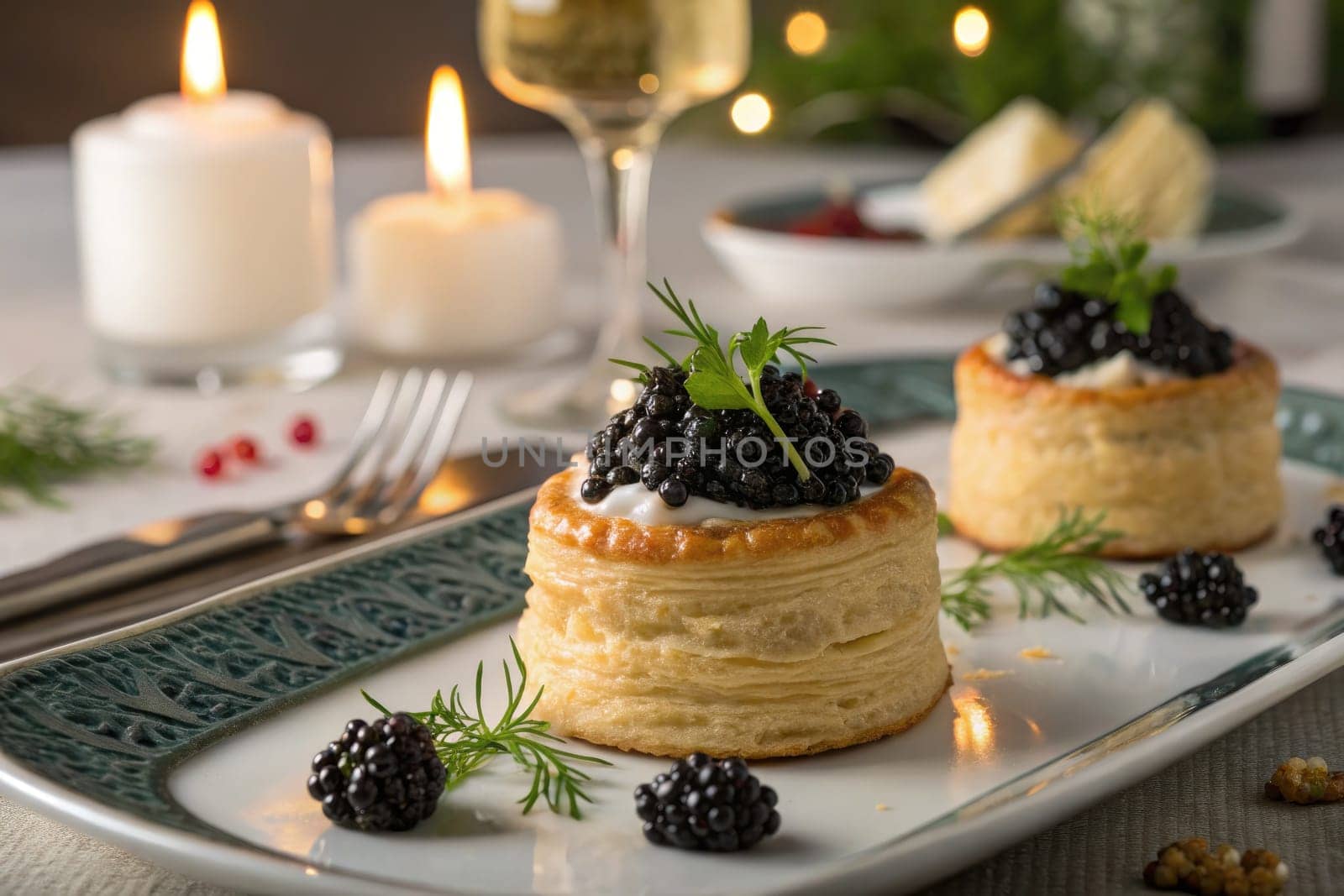 Delicate puff pastry towers topped with creamy filling and fresh blackberries are beautifully arranged on a plate.