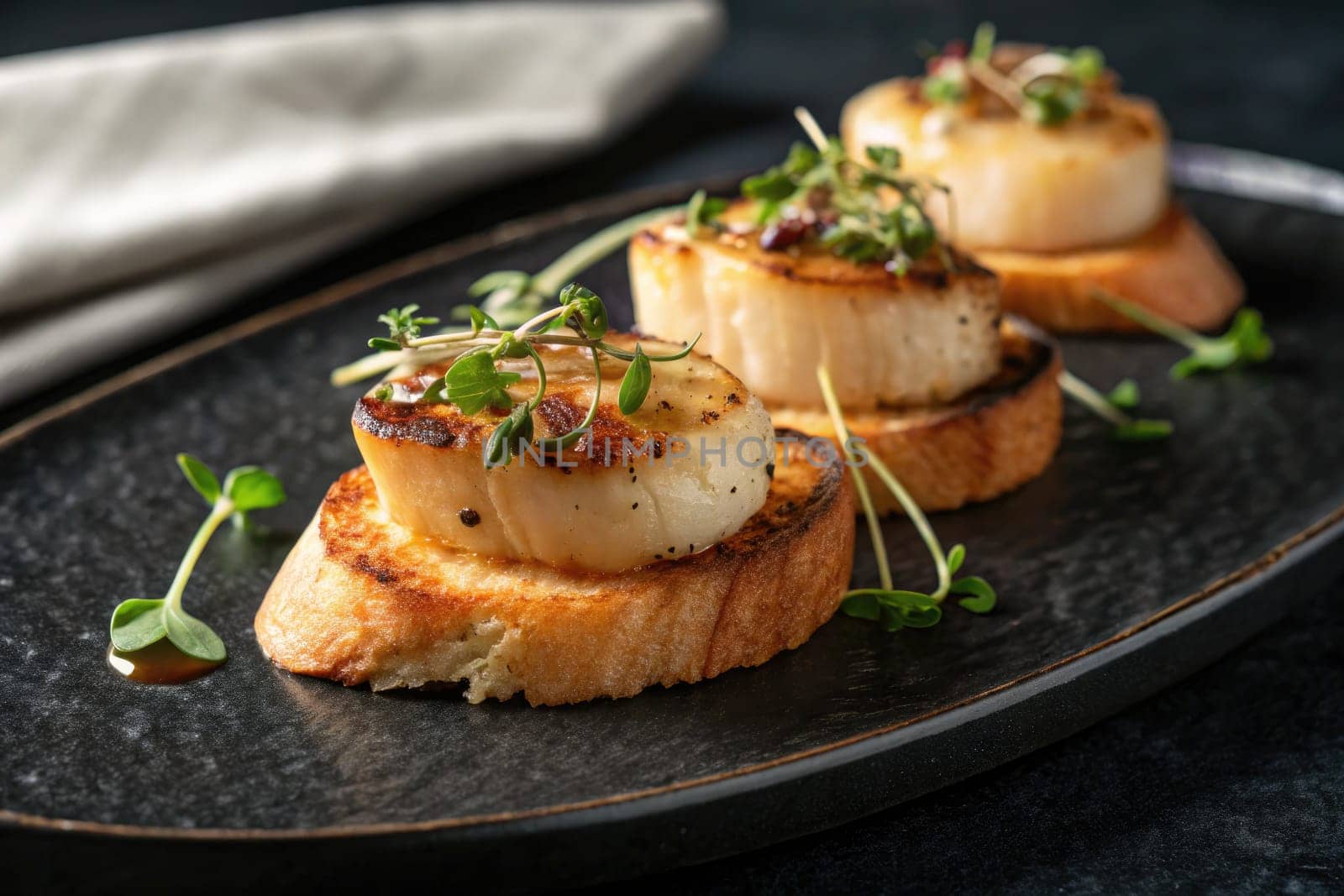 Juicy scallops are perfectly seared and served atop crispy toasted bread, adorned with fresh microgreens.