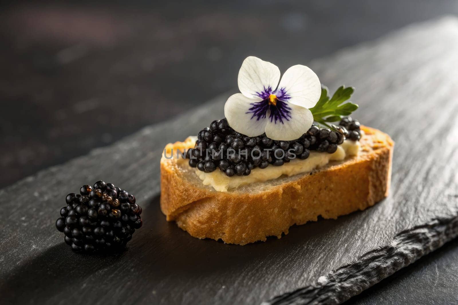 A gourmet appetizer is presented with caviar on a slice of bread topped with a delicate edible flower and herb. The dish is set on a dark slate surface, enhancing its elegance.