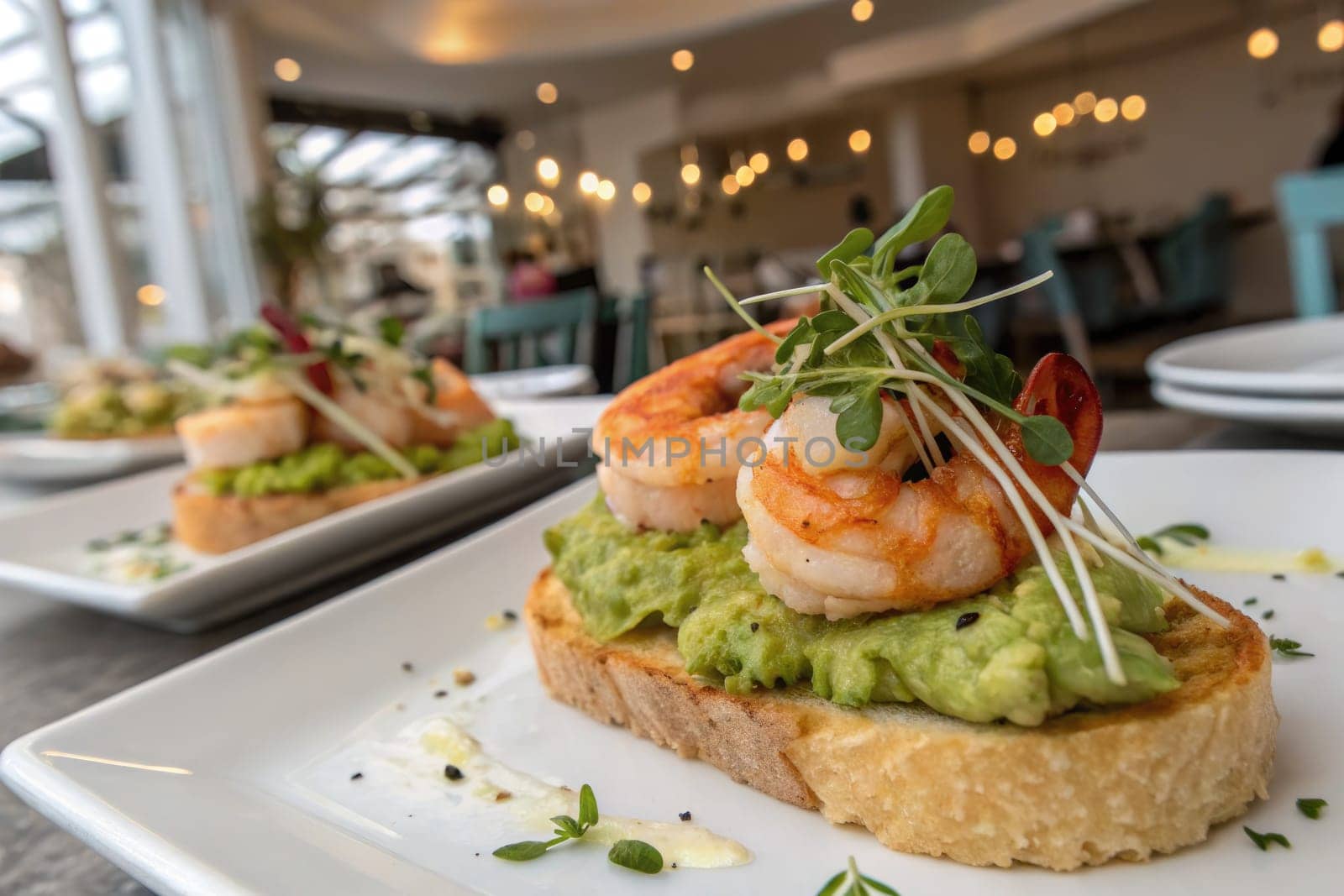 Gourmet shrimp placed on creamy avocado spread atop toasted bread. The cozy restaurant ambiance features soft lighting and inviting decor. A perfect meal enjoyed in the afternoon.