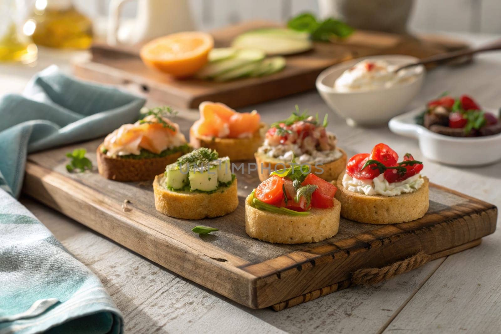 Assorted canapés featuring fresh toppings are beautifully arranged on a wooden board. The background reveals a cozy kitchen ambiance with natural light enhancing the colors and textures.