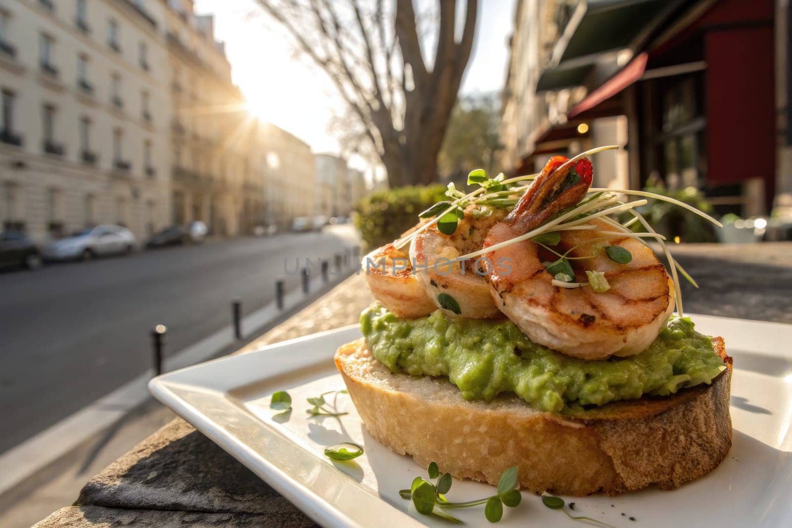 Freshly grilled shrimp sit atop a slice of toasted bread smeared with creamy avocado, displayed on a sunny street patio. The warm light of the sunset enhances the vibrant colors of the dish.