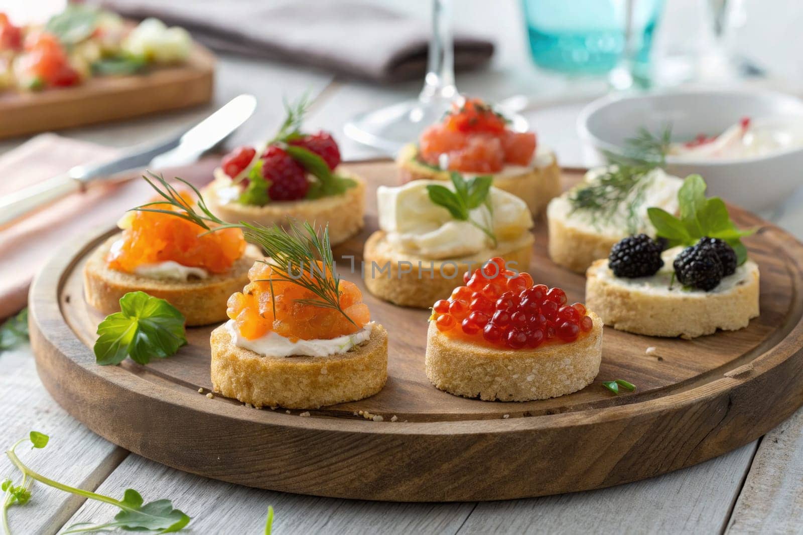 Assorted toppings including salmon, caviar, and fresh berries are artfully arranged on a wooden platter. This delightful composition enhances the ambiance of a summer gathering with friends.