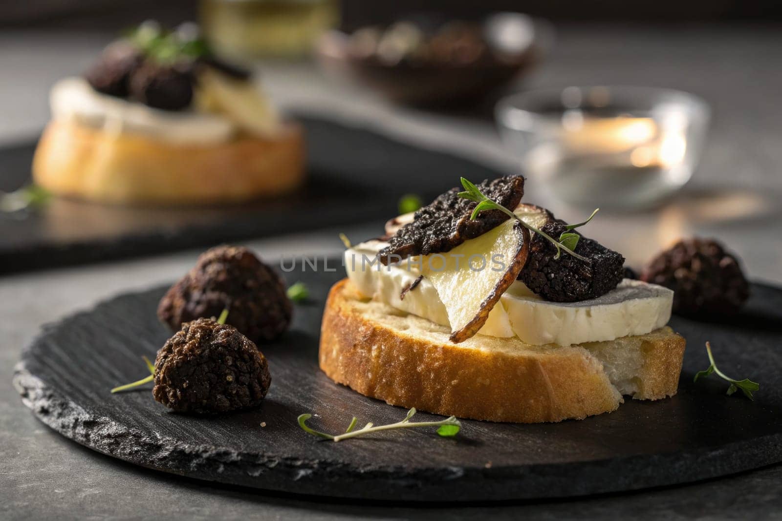 This dish features a slice of toasted bread topped with creamy cheese, slices of pear, and rich black truffles. It is elegantly presented on a dark stone plate, enhancing its gourmet look.