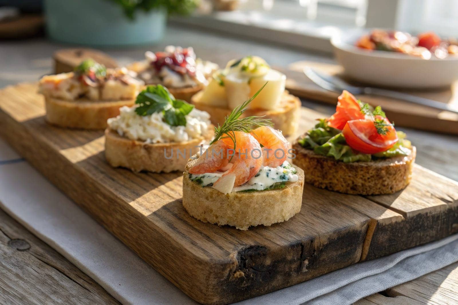 A rustic wooden platter displays an assortment of appetizers topped with shrimp, vegetables, and spreads. The setting is cozy, showcasing a bright environment, ideal for gatherings.