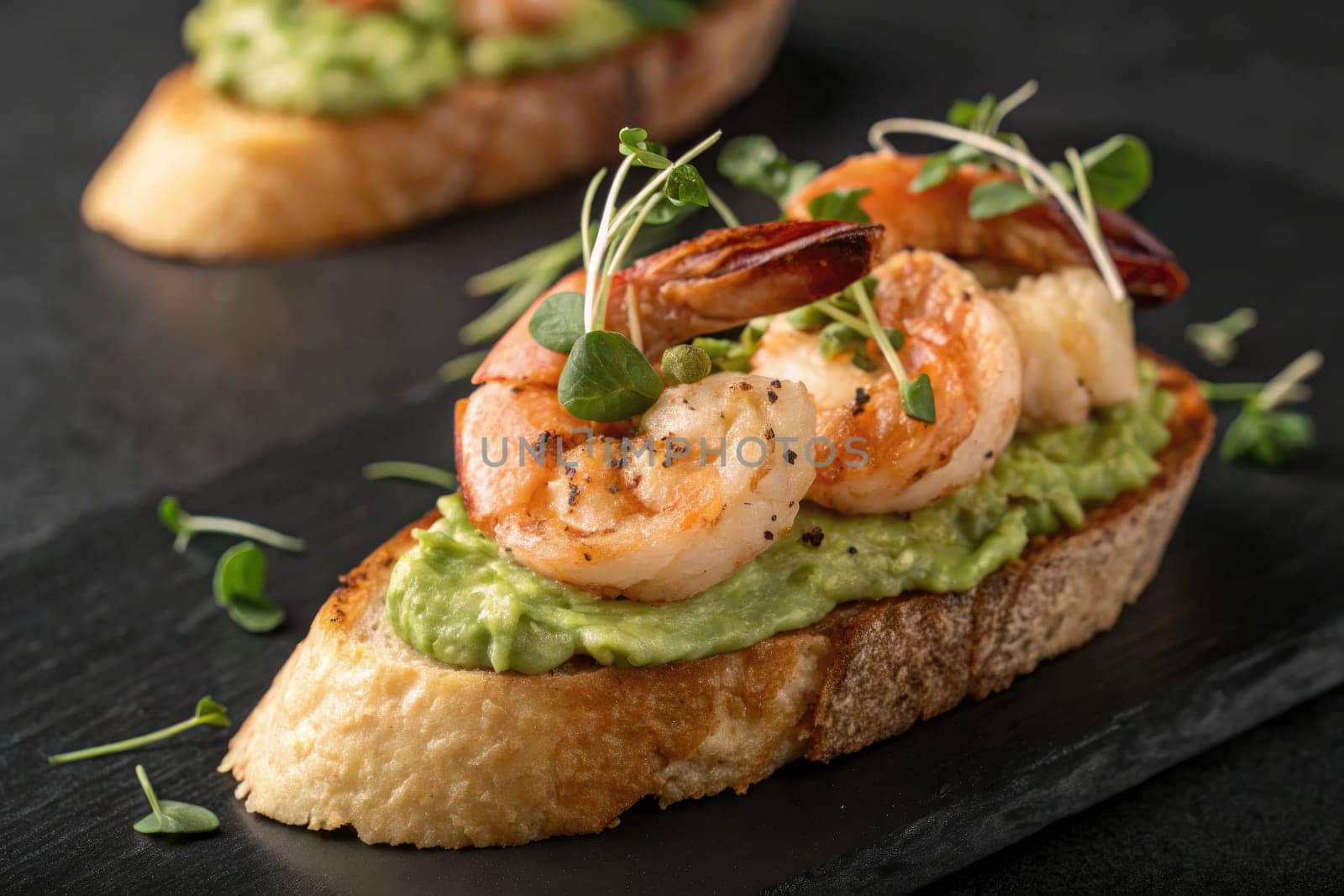 Enjoy grilled shrimp on creamy avocado spread, topped with microgreens on warm artisan bread. This basil pesto bruschetta is perfect for any culinary event or dining experience!