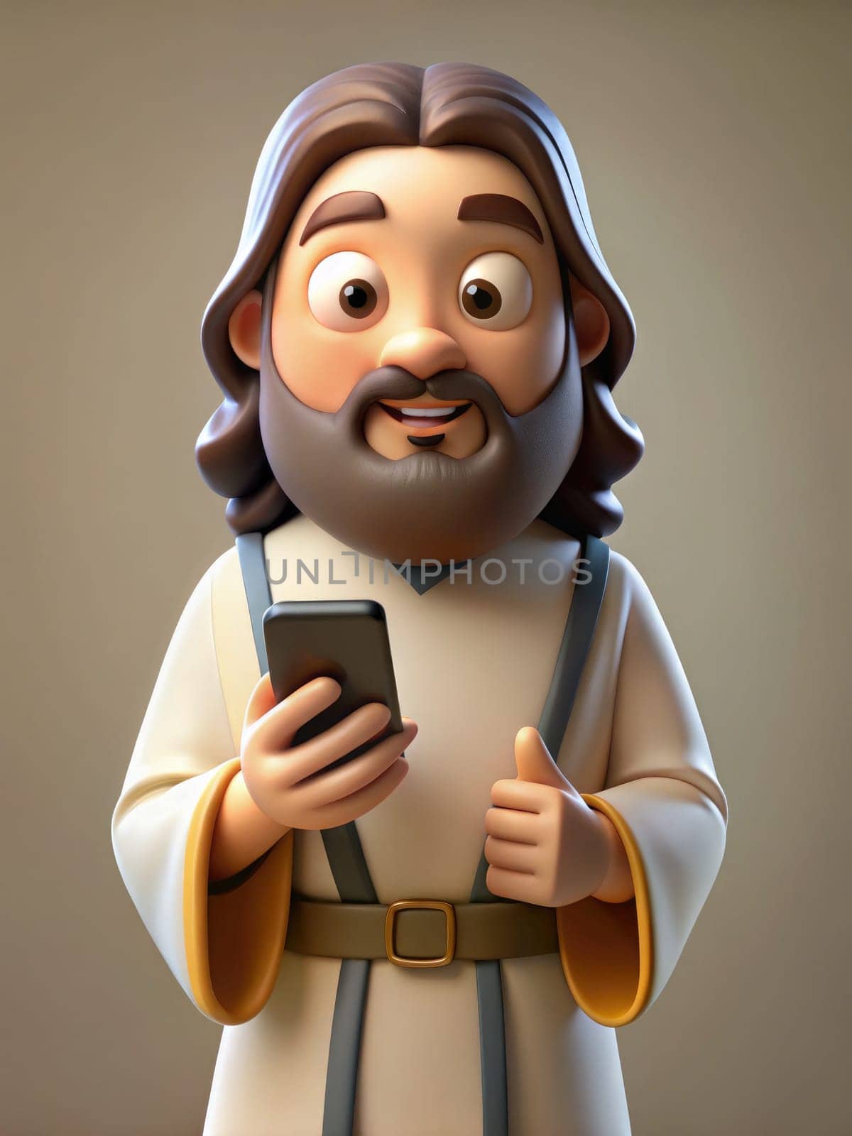 A cartoon-style Jesus Christ with long hair and a beard is smiling while holding a smartphone. The character is dressed in a simple robe with a belt.