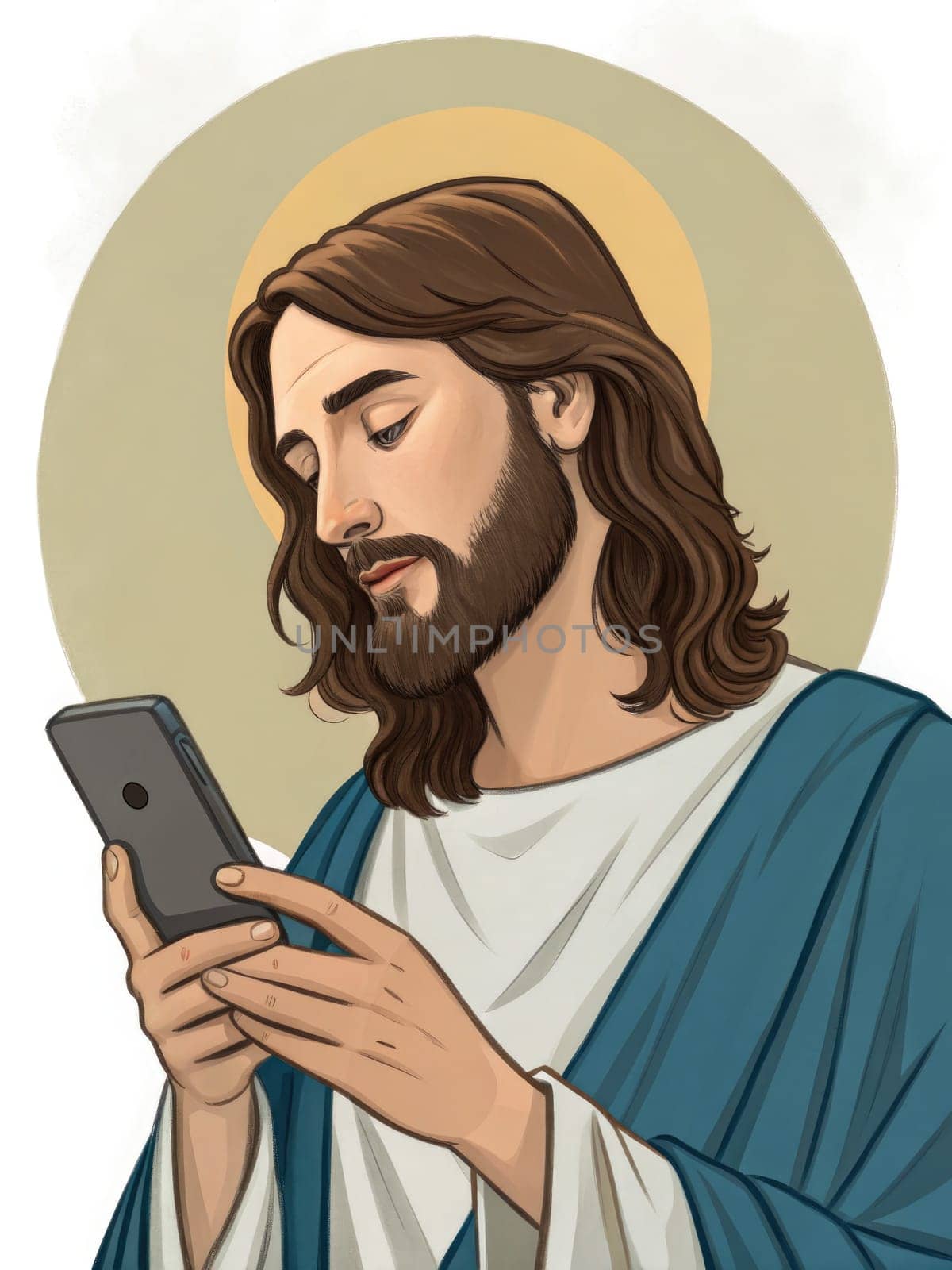 Jesus Christ. A religious figure, depicted with long hair and a beard, is focused on a smartphone, blending tradition with modernity. The background features a soft halo effect, enhancing the contemplative mood.