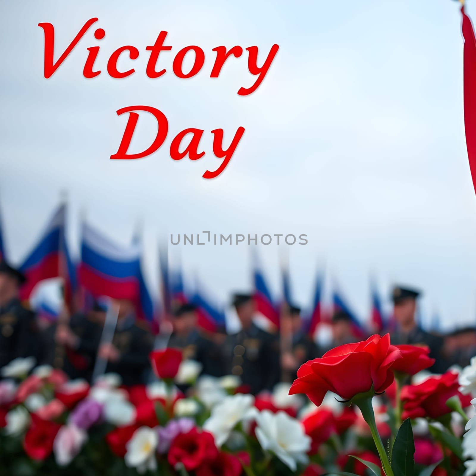 Victory day May 9 card flowers holiday flags generated ai alt blue sky red. High quality 3d illustration