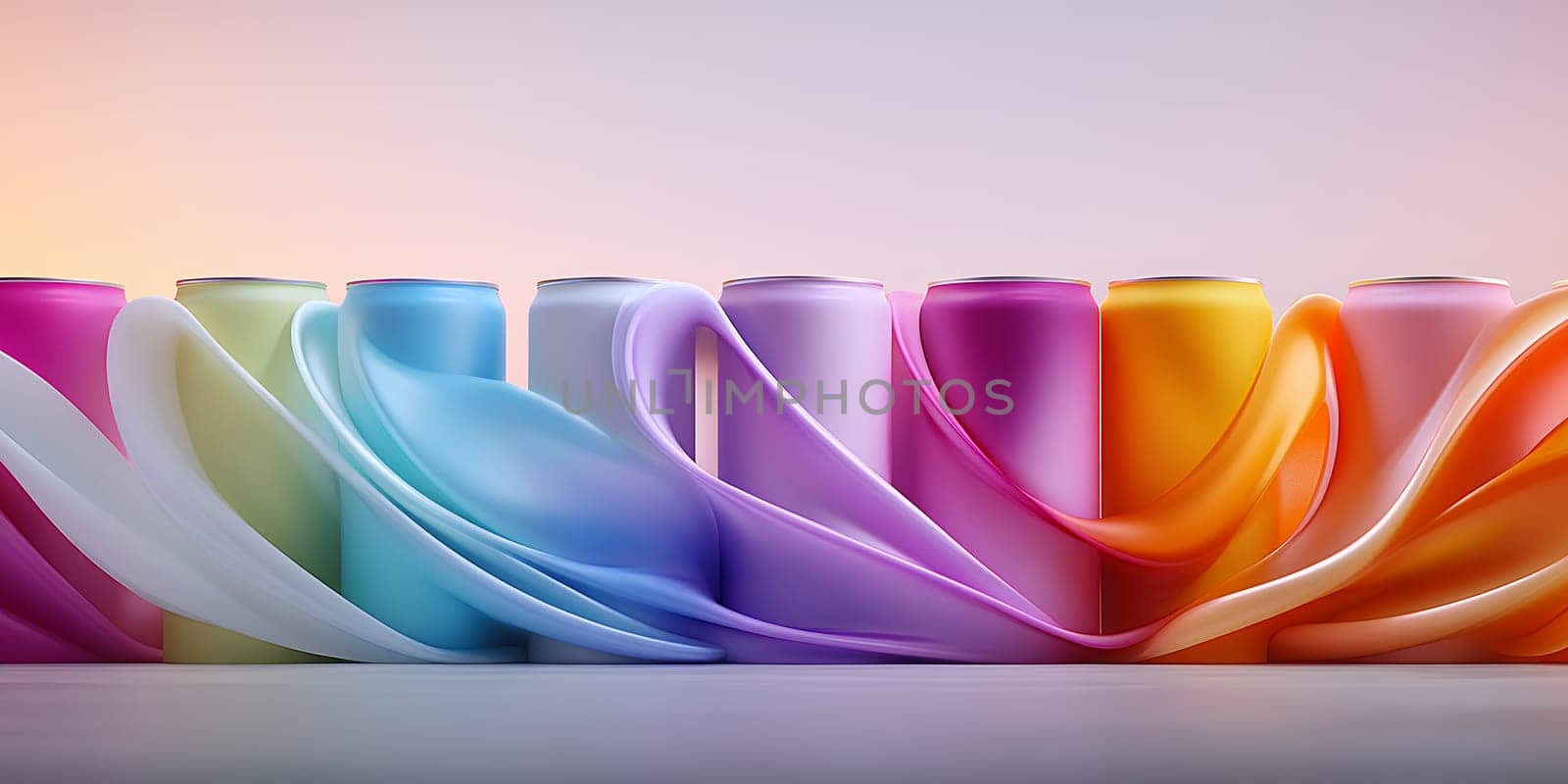 Colorful cans are displayed with vibrant pastel fabric swirls, creating a dynamic and modern product presentation.