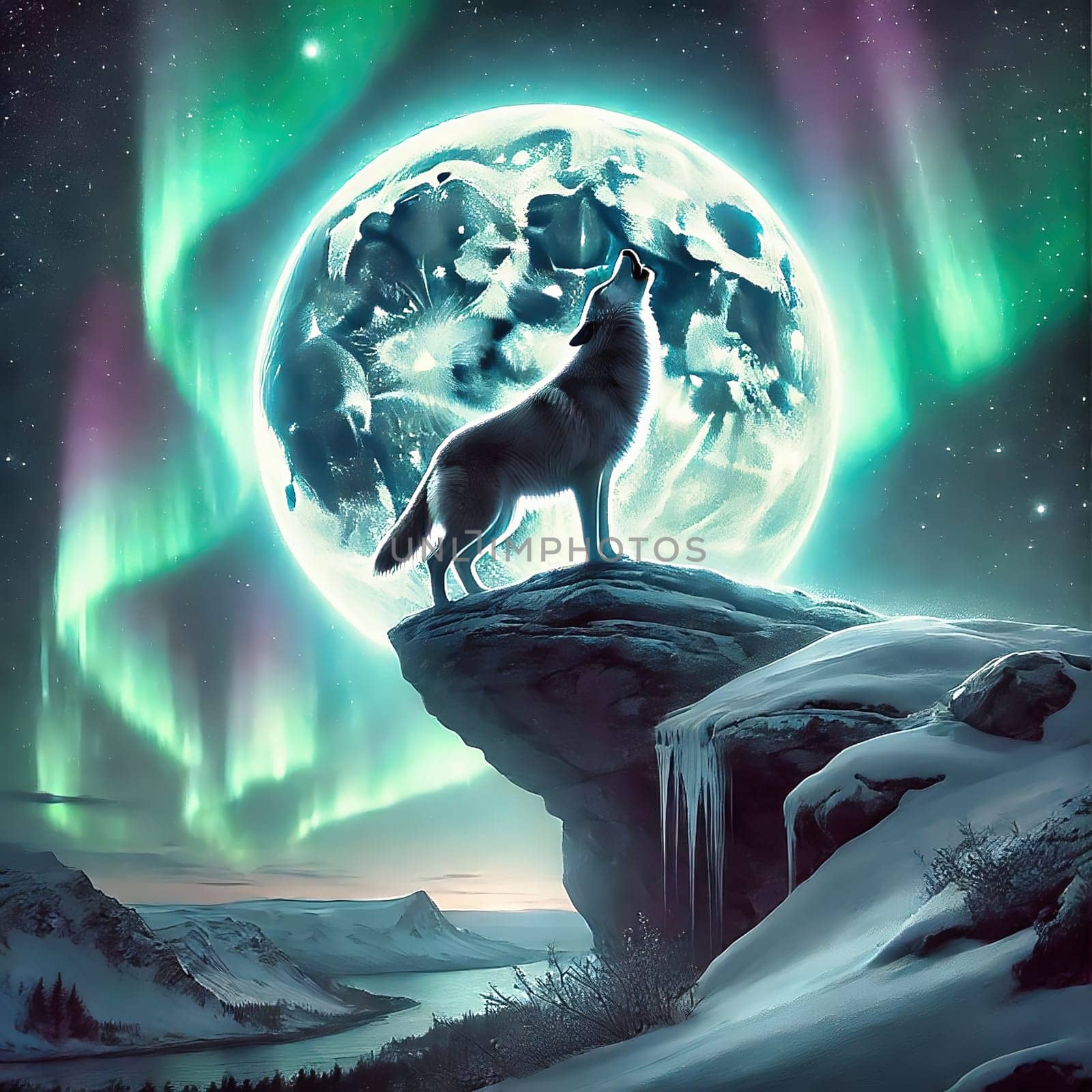 A wolf howls on a snow-covered rock in front of a glowing, mystical lunar landscape with northern lights. An imaginative, magical natural atmosphere.