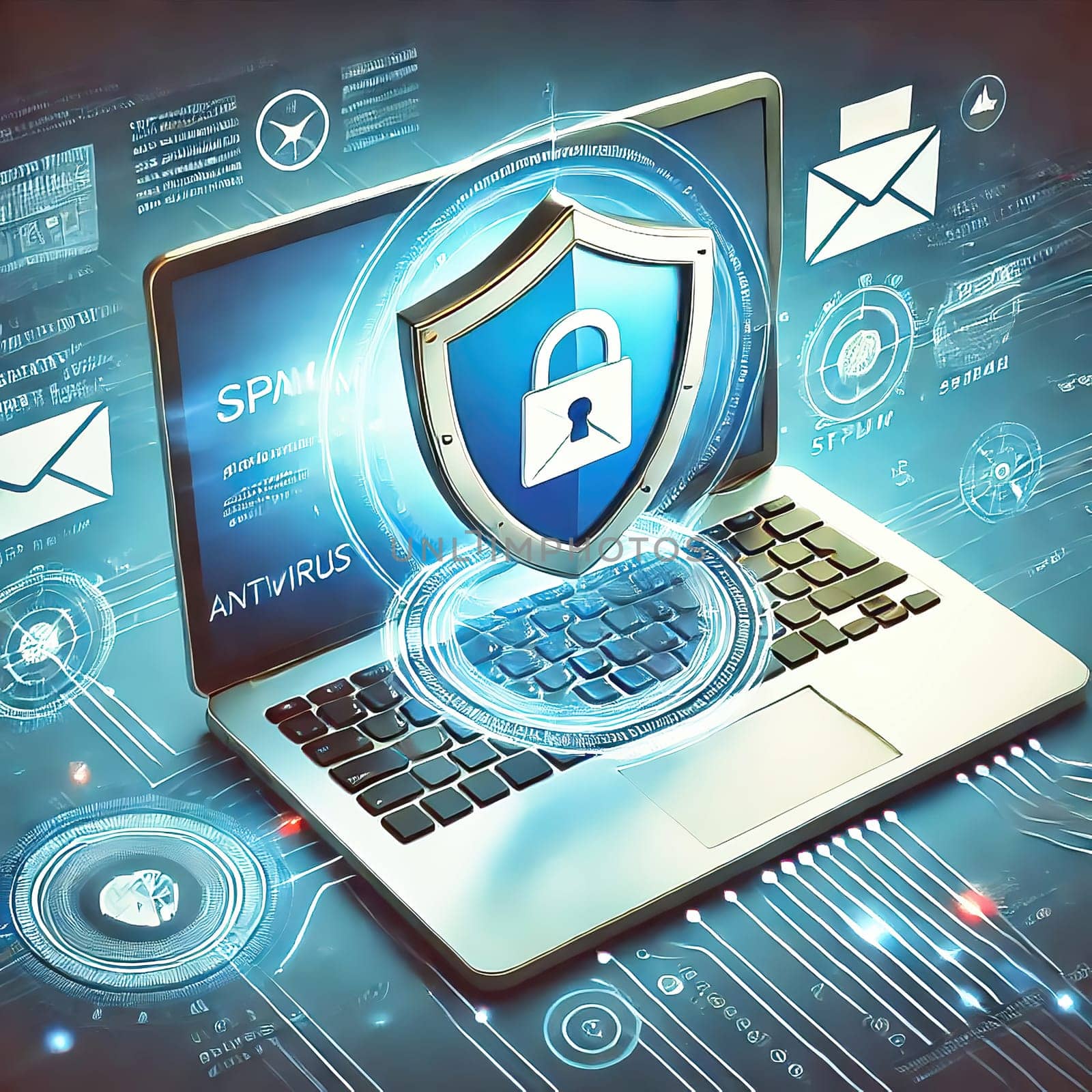 3D representation of a laptop with email security icon surrounded by digital icons. Concept for data protection, spam protection and cyber security.