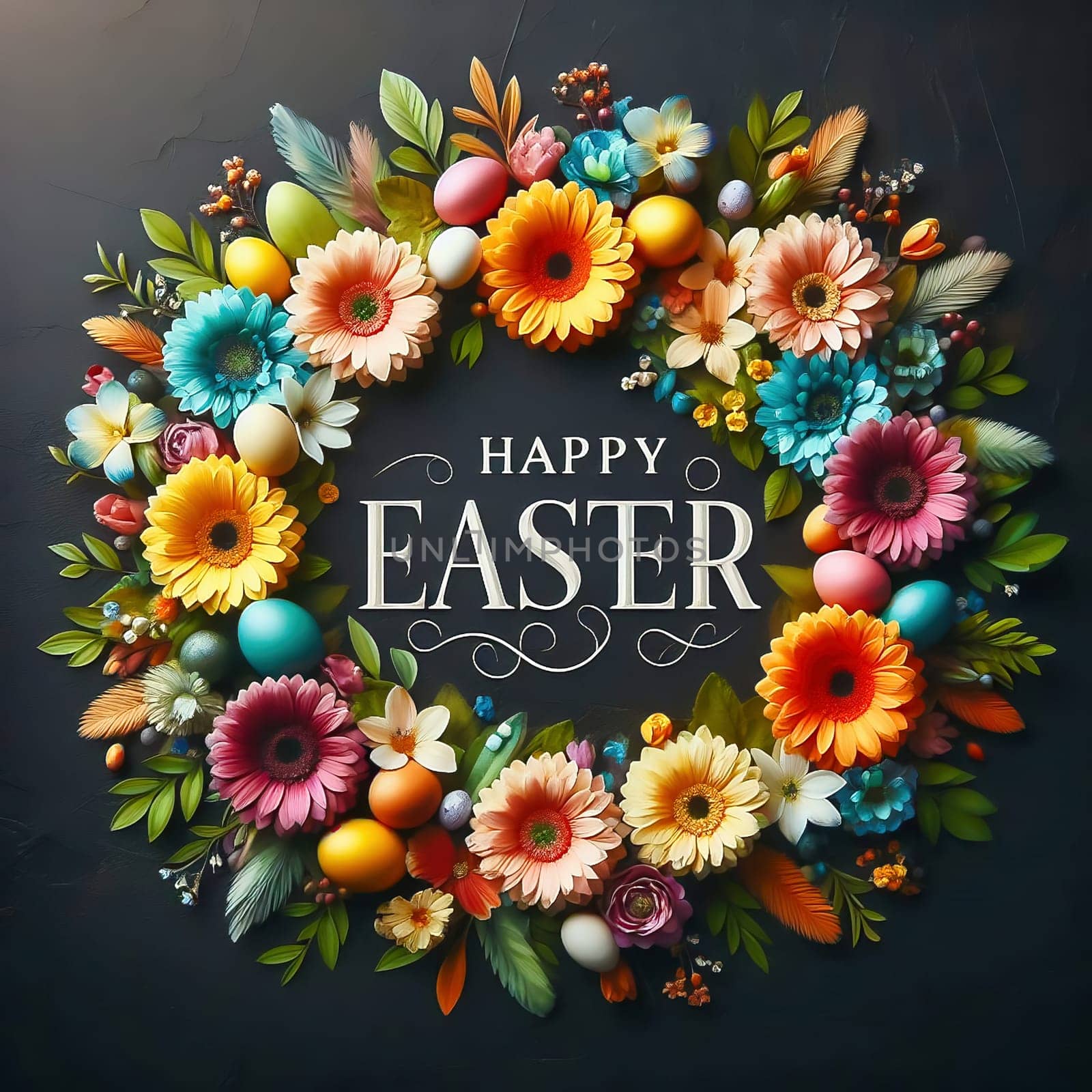 A festive “Happy Easter” lettering surrounded by an ornate floral wreath and decorated Easter eggs on a dark background - perfect for Easter greetings!