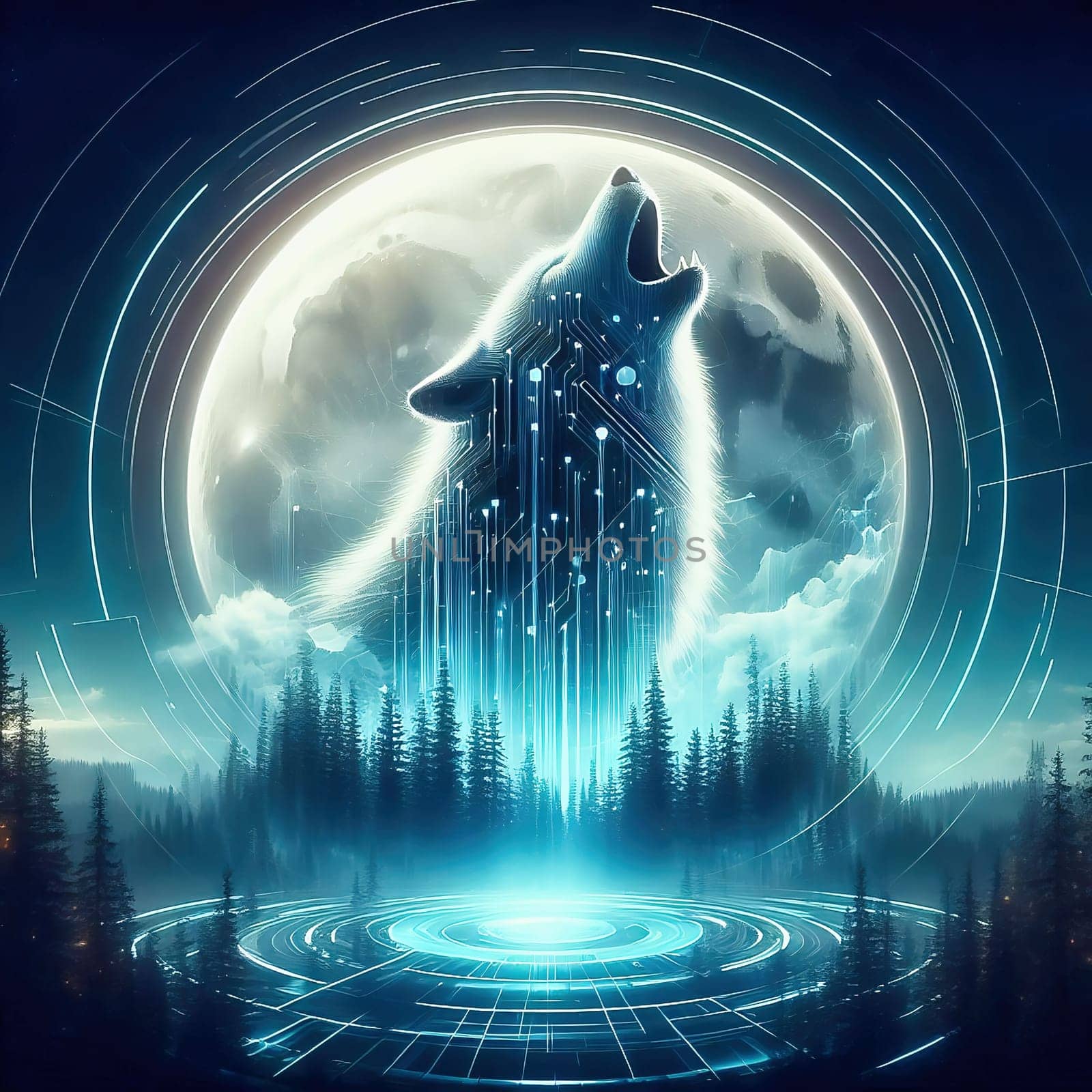 Futuristic holographic wolf howls in front of a glowing moon, surrounded by a digital forest and sci-fi elements. Mystical cyber aesthetics in blue light.