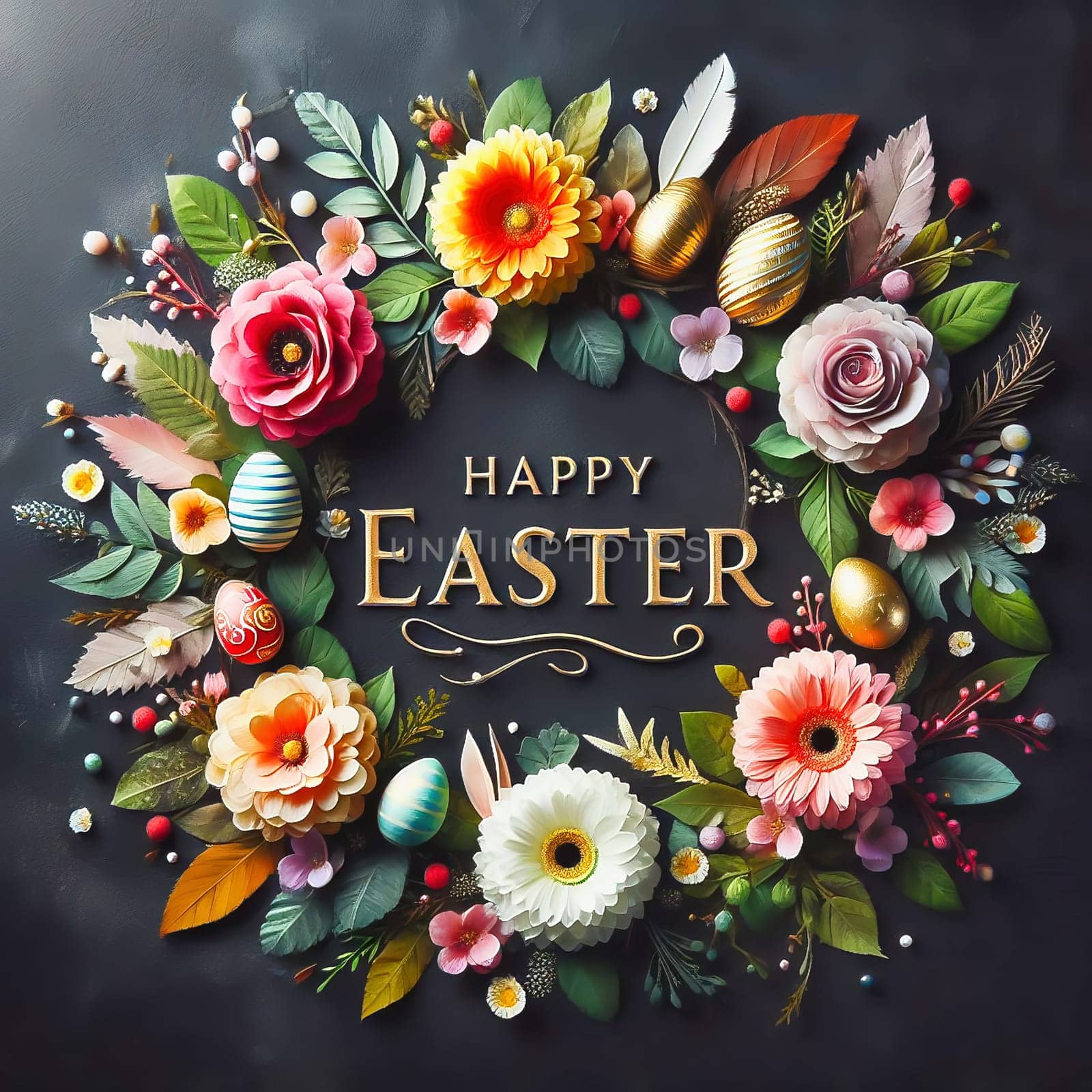 A festive “Happy Easter” lettering surrounded by an ornate floral wreath and decorated Easter eggs on a dark background - perfect for Easter greetings!