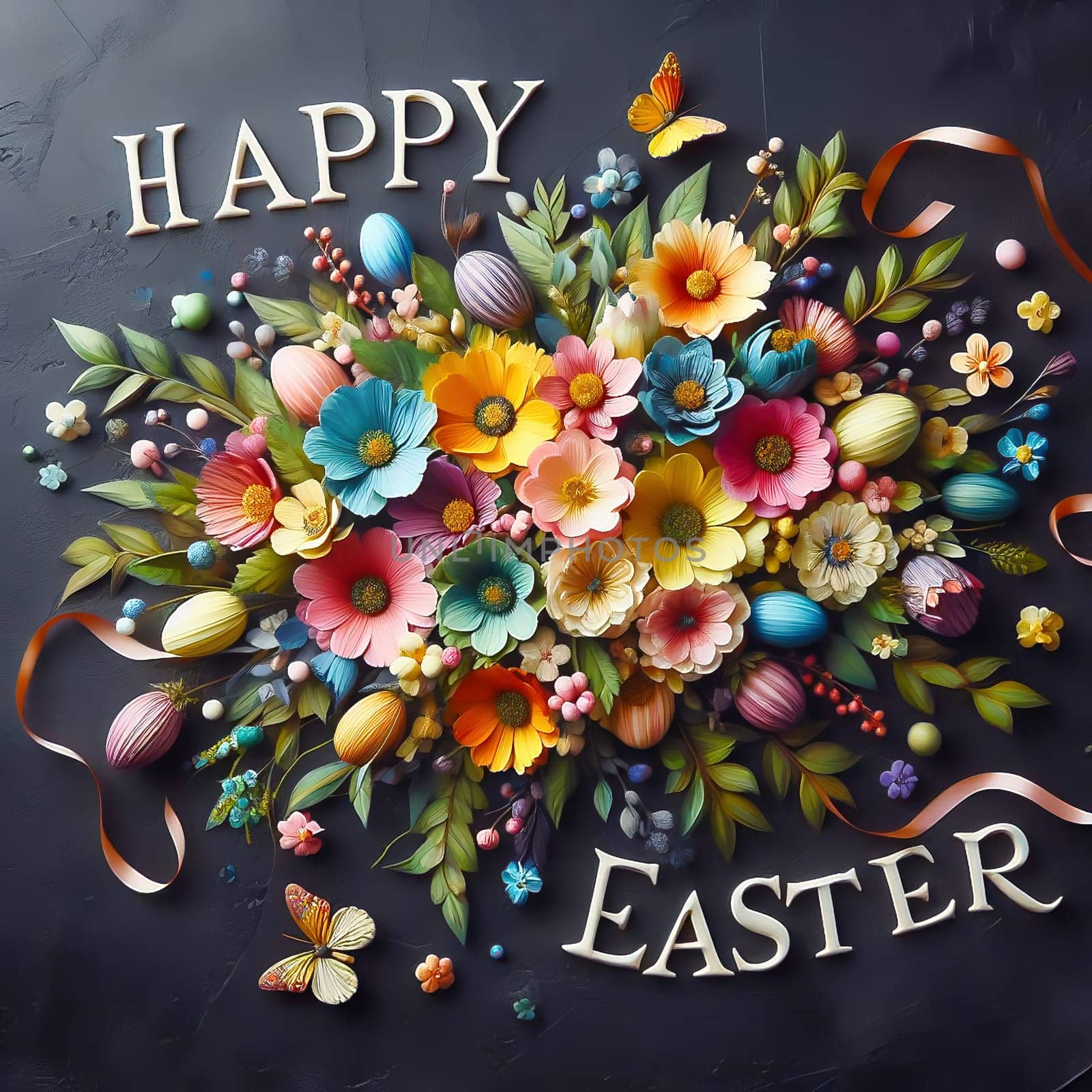 A festive “Happy Easter” lettering surrounded by an ornate floral wreath and decorated Easter eggs on a dark background - perfect for Easter greetings!