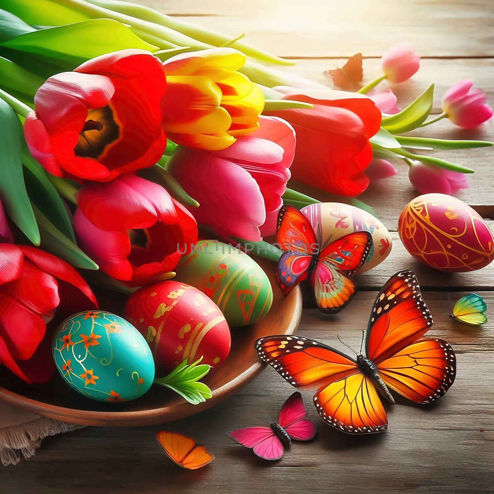 Colorful tulips, decorated Easter eggs and butterflies on a rustic wooden table. Spring-like Easter decorations with vibrant colors and a festive atmosphere.