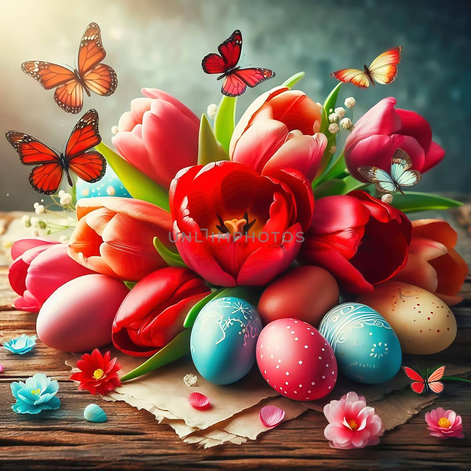Colorful tulips, decorated Easter eggs and butterflies on a rustic wooden table. Spring-like Easter decorations with vibrant colors and a festive atmosphere.