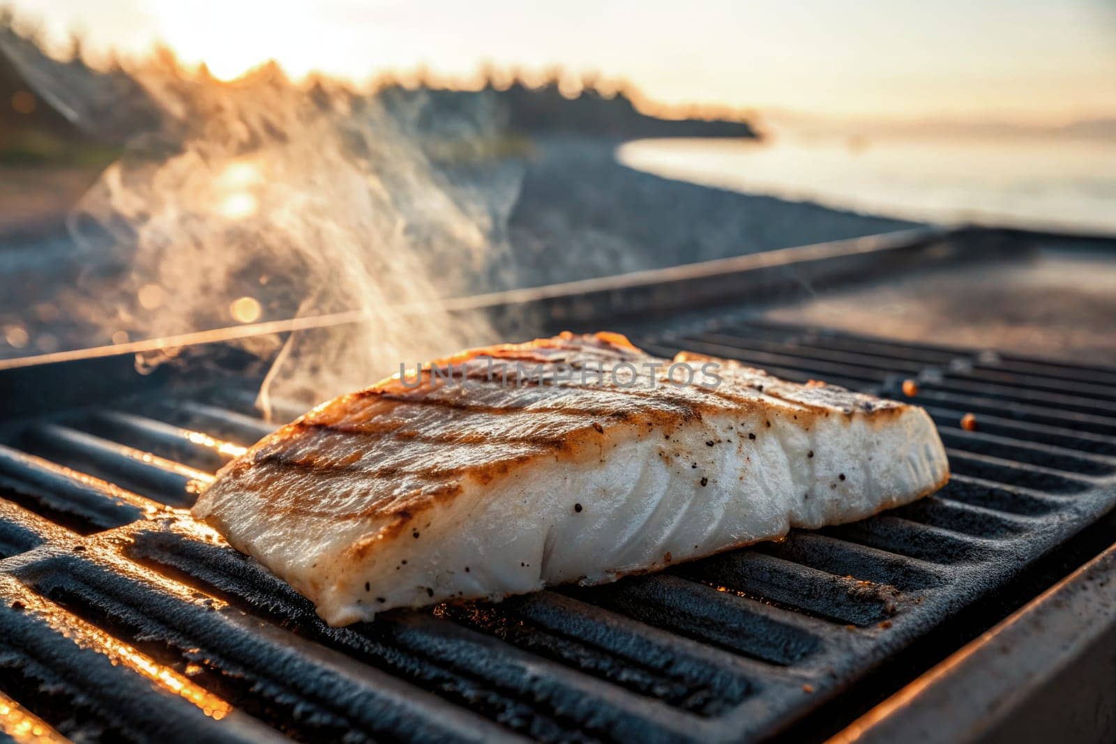 A juicy piece of fish sizzles on a grill at a beachside location as the sun sets, filling the air with delicious aromas. Waves gently lap at the shore, enhancing the serene atmosphere.