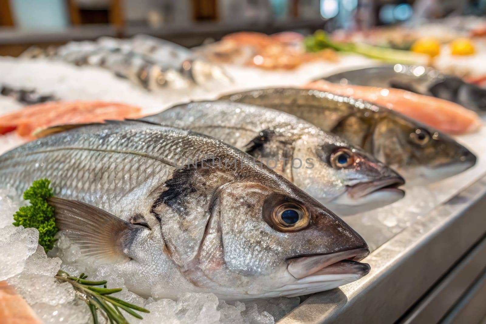Various types of fish are arranged on ice at a seafood market, glistening under natural light. Green herbs add a vibrant touch to the fresh catch, creating an inviting atmosphere.