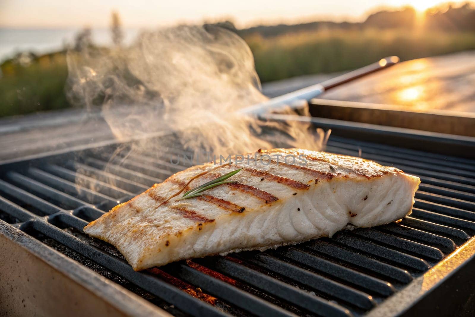 Freshly grilled fish sizzles on a barbecue as steam rises into the warm evening air. The sun sets behind a tranquil lake, creating a picturesque outdoor setting.