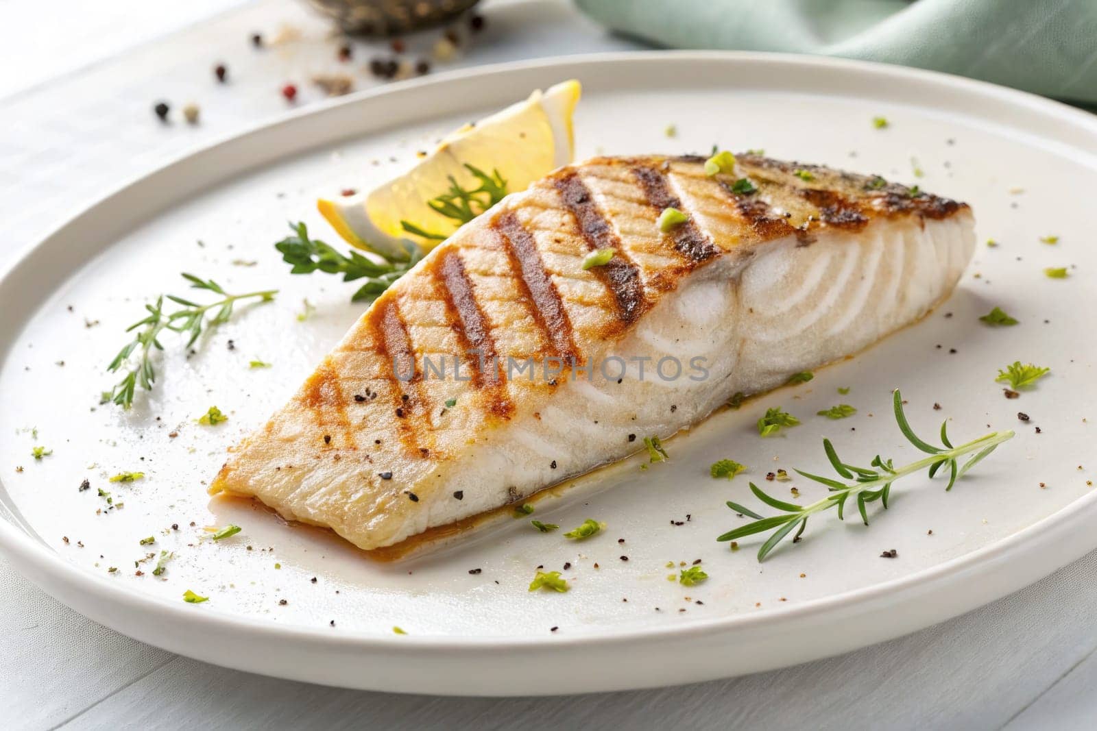 A perfectly grilled fish fillet is presented on a white plate, garnished with fresh herbs and slices of lemon, showcasing an appetizing meal ready to be enjoyed during lunch or dinner.