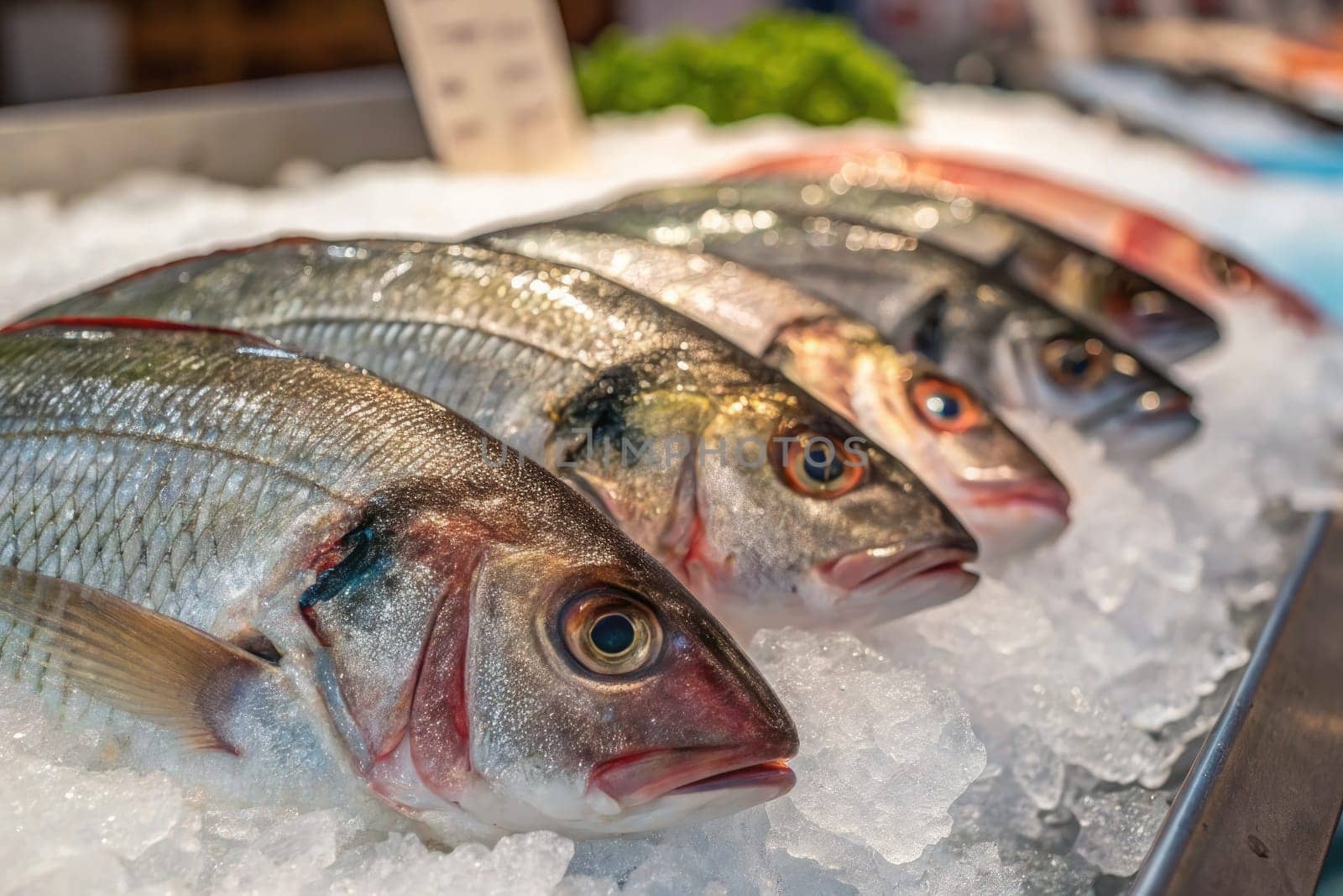 Various types of fish are neatly arranged on a bed of ice at a bustling local market. The display reflects freshness, enticing shoppers to choose their favorites among vibrant selections.