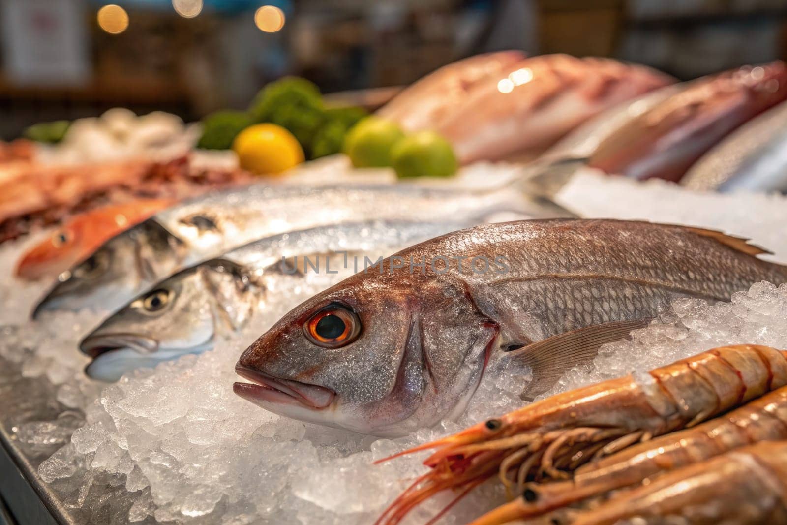 A vibrant seafood display features various fish and shellfish arranged on ice, with colorful citrus fruits adding freshness. The setting is a bustling market, highlighting the day’s fresh catch.