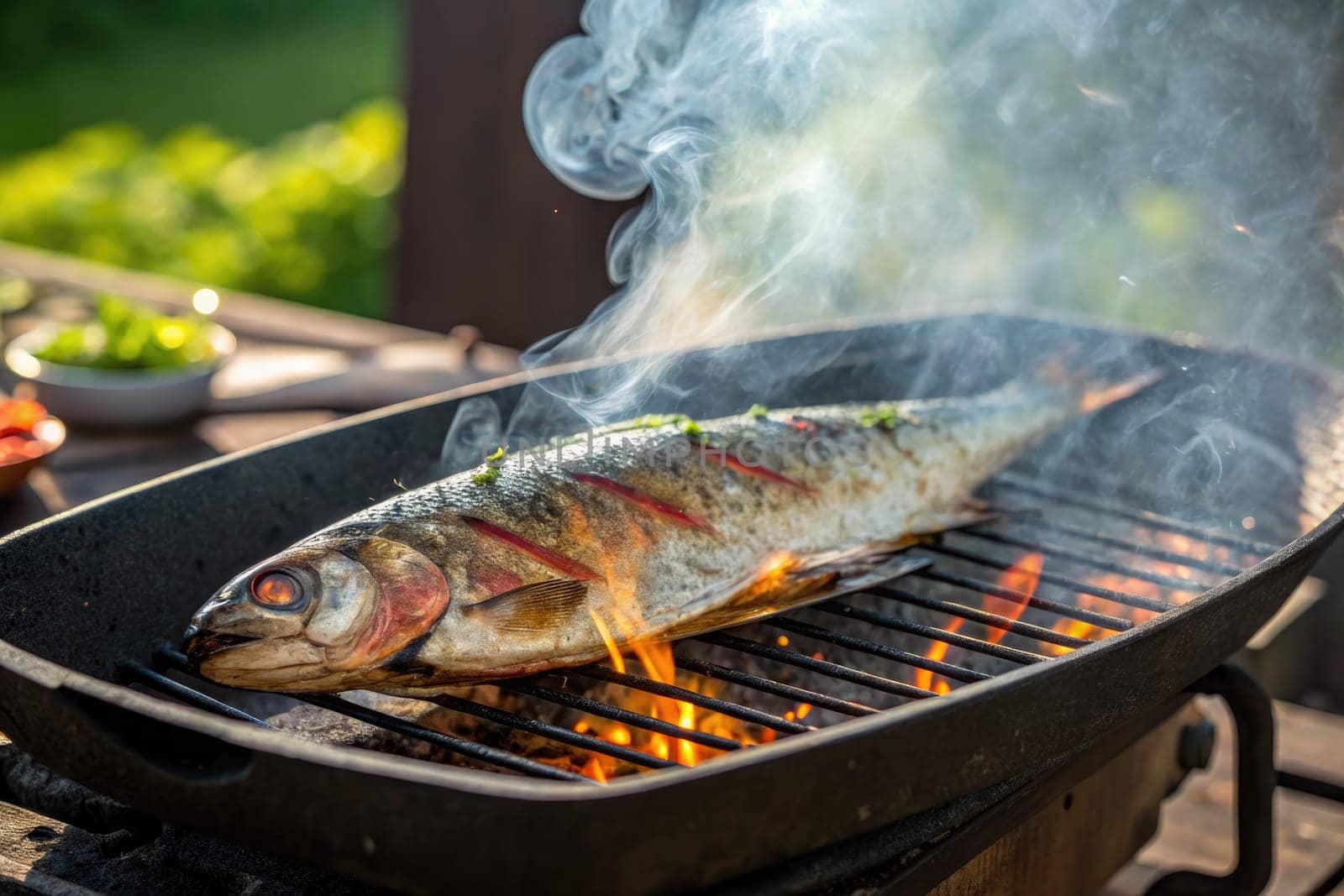 A large fish is being grilled on a barbecue grill, surrounded by smoke and flames. Fresh herbs are sprinkled on top, highlighting a summer cooking experience in a sunny backyard.