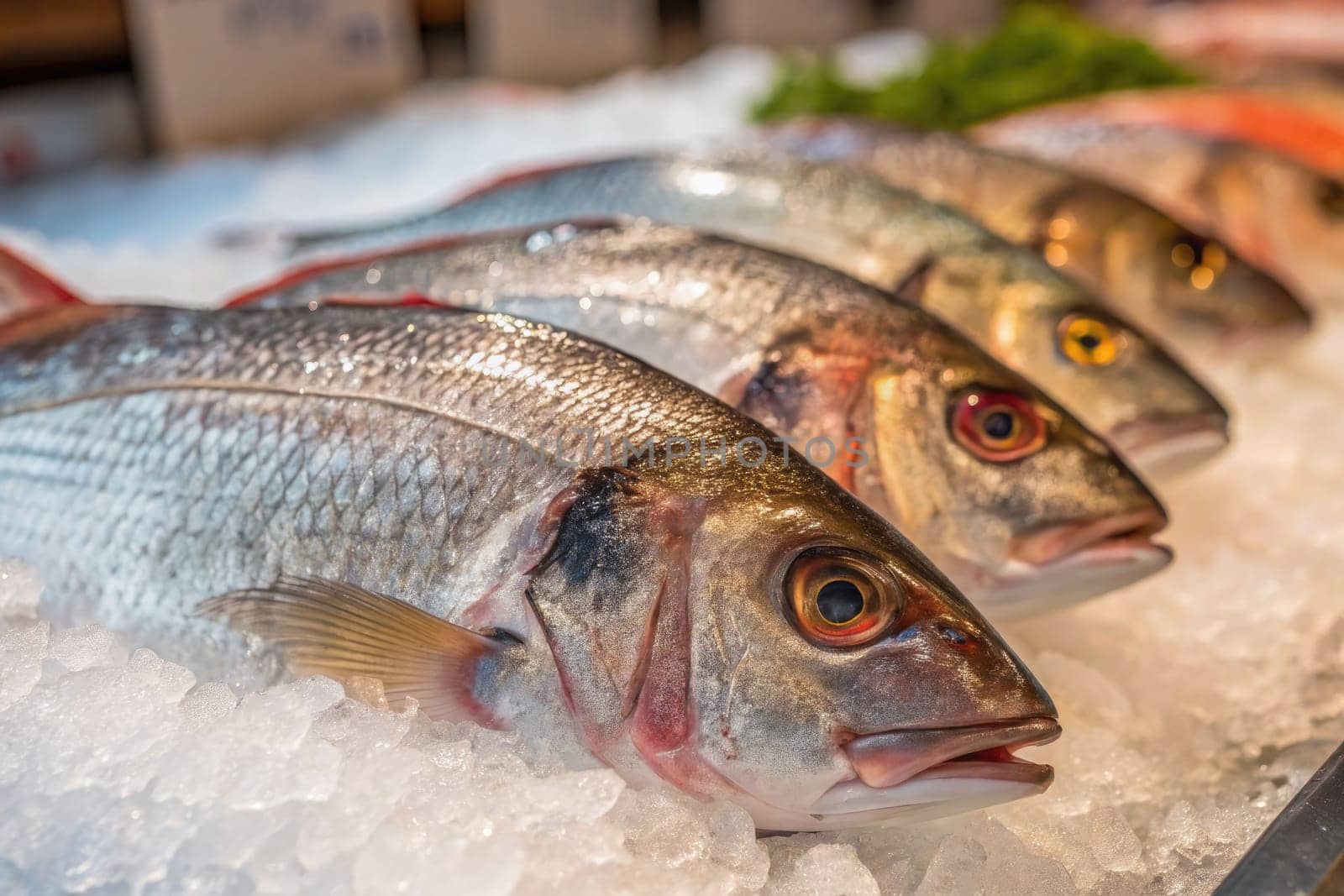 A variety of fresh fish are arranged neatly on a bed of ice in a seafood market. Bright sunlight filters through, illuminating the scales and eyes, enhancing the vibrant colors.