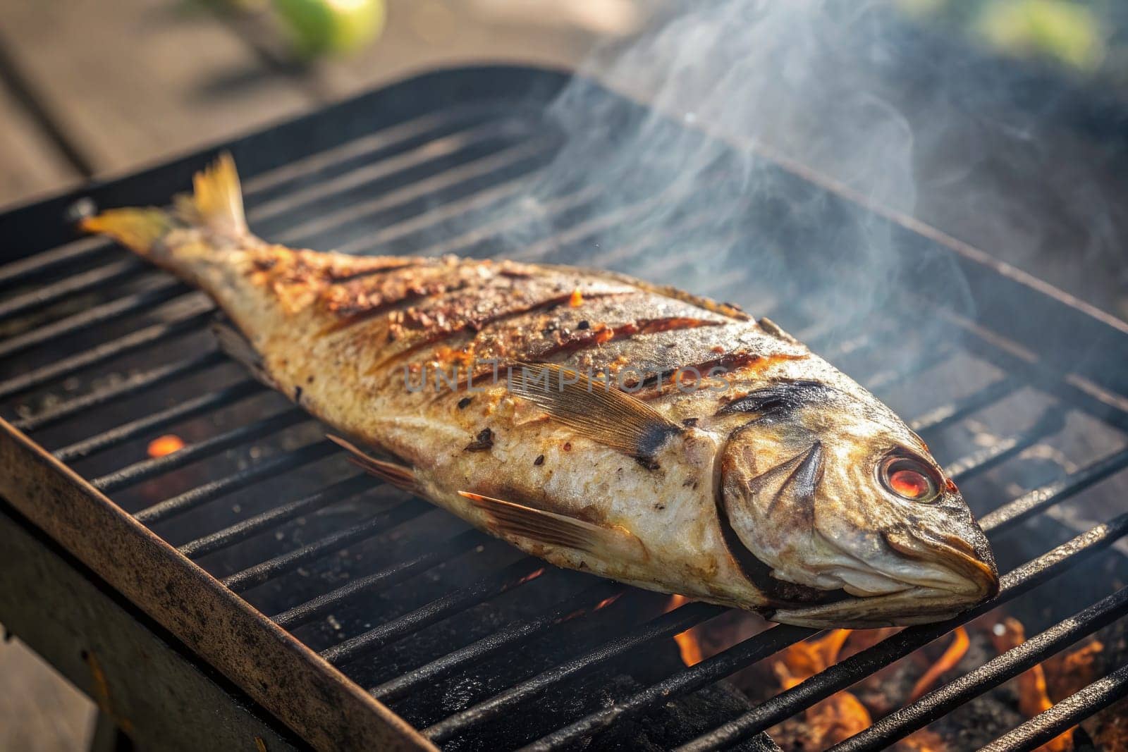 A beautifully grilled fish is placed on a barbecue grill, with smoke rising and flames visible. This outdoor cooking activity showcases culinary skills and summertime enjoyment.