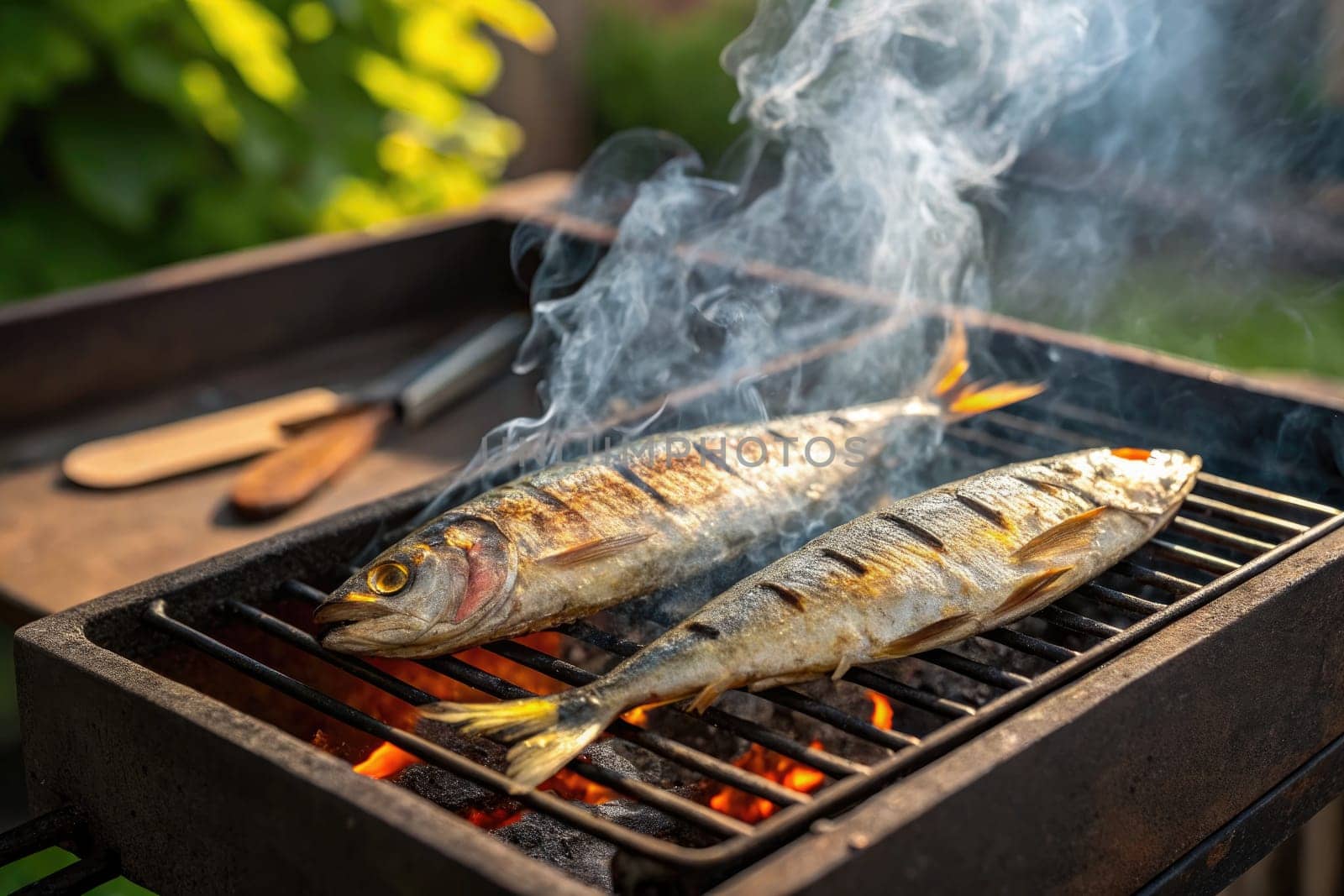Two whole fish are being grilled over an open flame on a barbecue, producing smoke and surrounded by greenery in a backyard garden during a sunny afternoon.