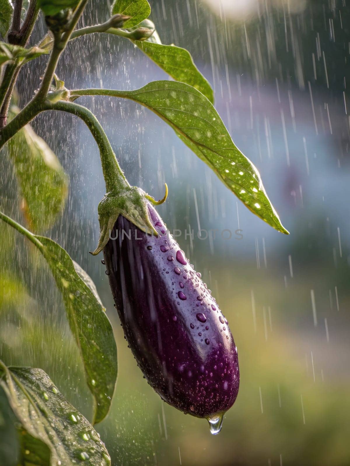 A ripe eggplant hangs from its plant, droplets of rainwater glistening on its surface. The background features soft, blurred greenery, indicating a fresh garden environment during light rainfall.