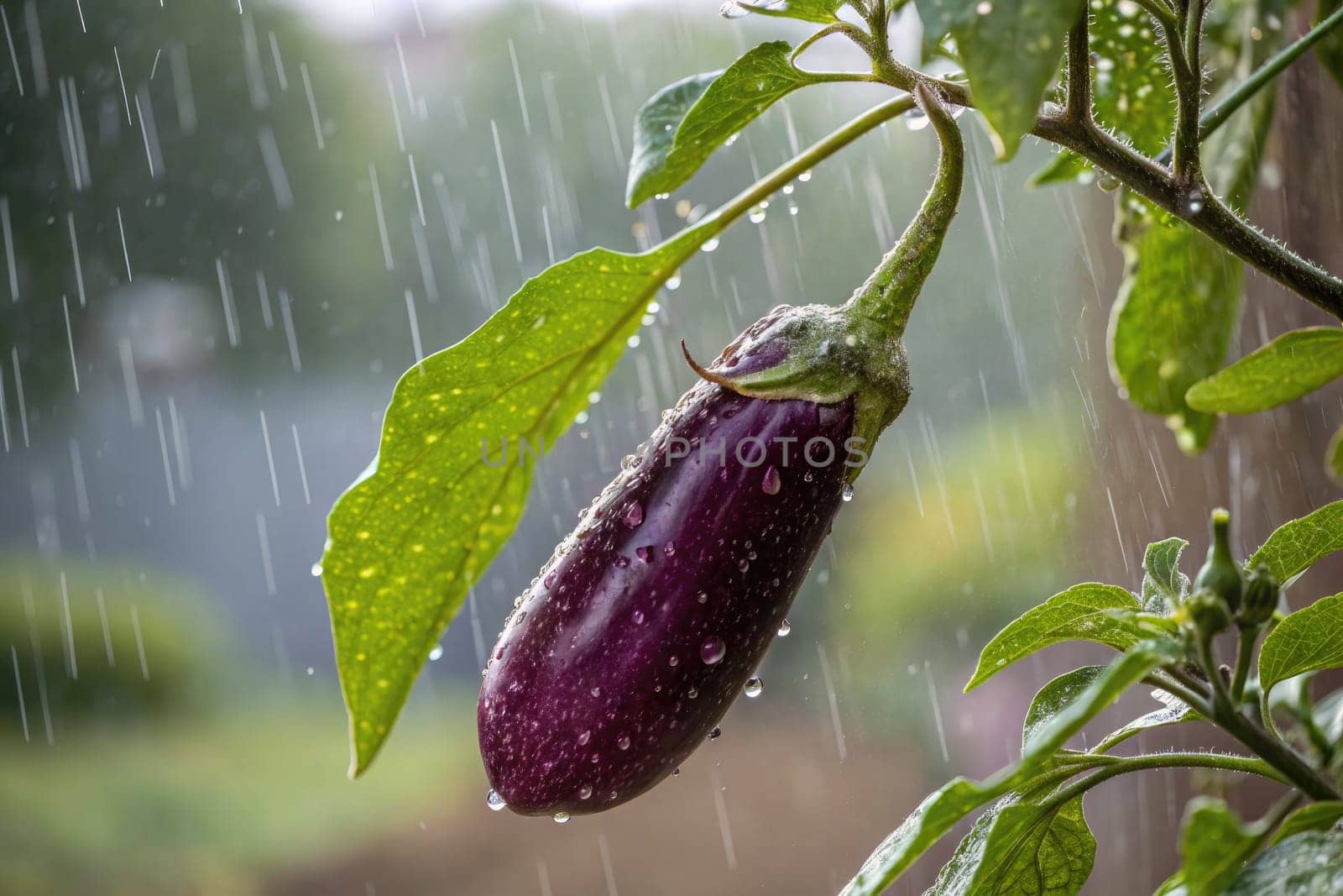 A plump eggplant hangs from a vibrant green stem, surrounded by lush leaves. Raindrops shimmer on its surface, creating a refreshing atmosphere in the early morning garden.