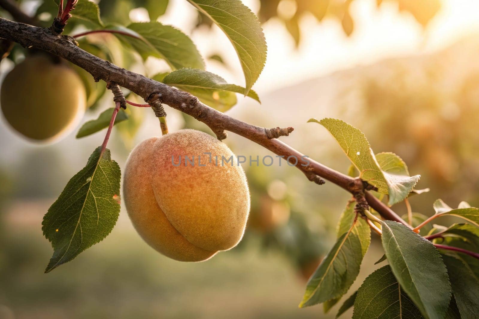 Soft sunlight filters through leaves as ripe apricots dangle from a branch in a tranquil orchard. The blossoms represent the beauty of natures bounty in late afternoon light.