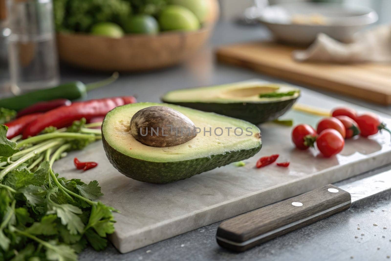 A halved avocado sits on a marble countertop surrounded by fresh vegetables. Cherry tomatoes, green herbs, and red chilies create a vibrant setting for meal preparation in a cozy kitchen.